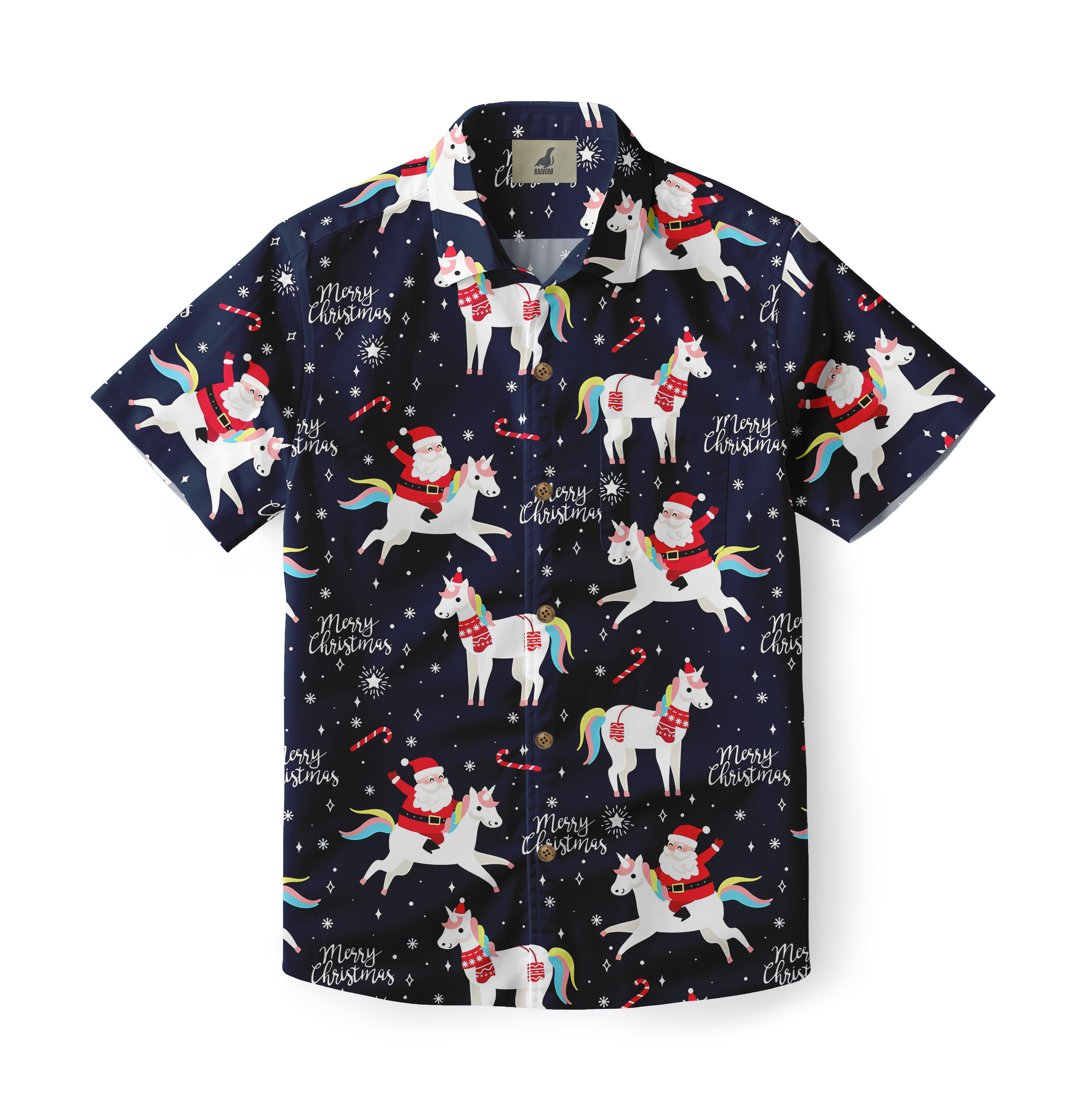 Christmas-themed shirt with Santa riding unicorns, candy canes.