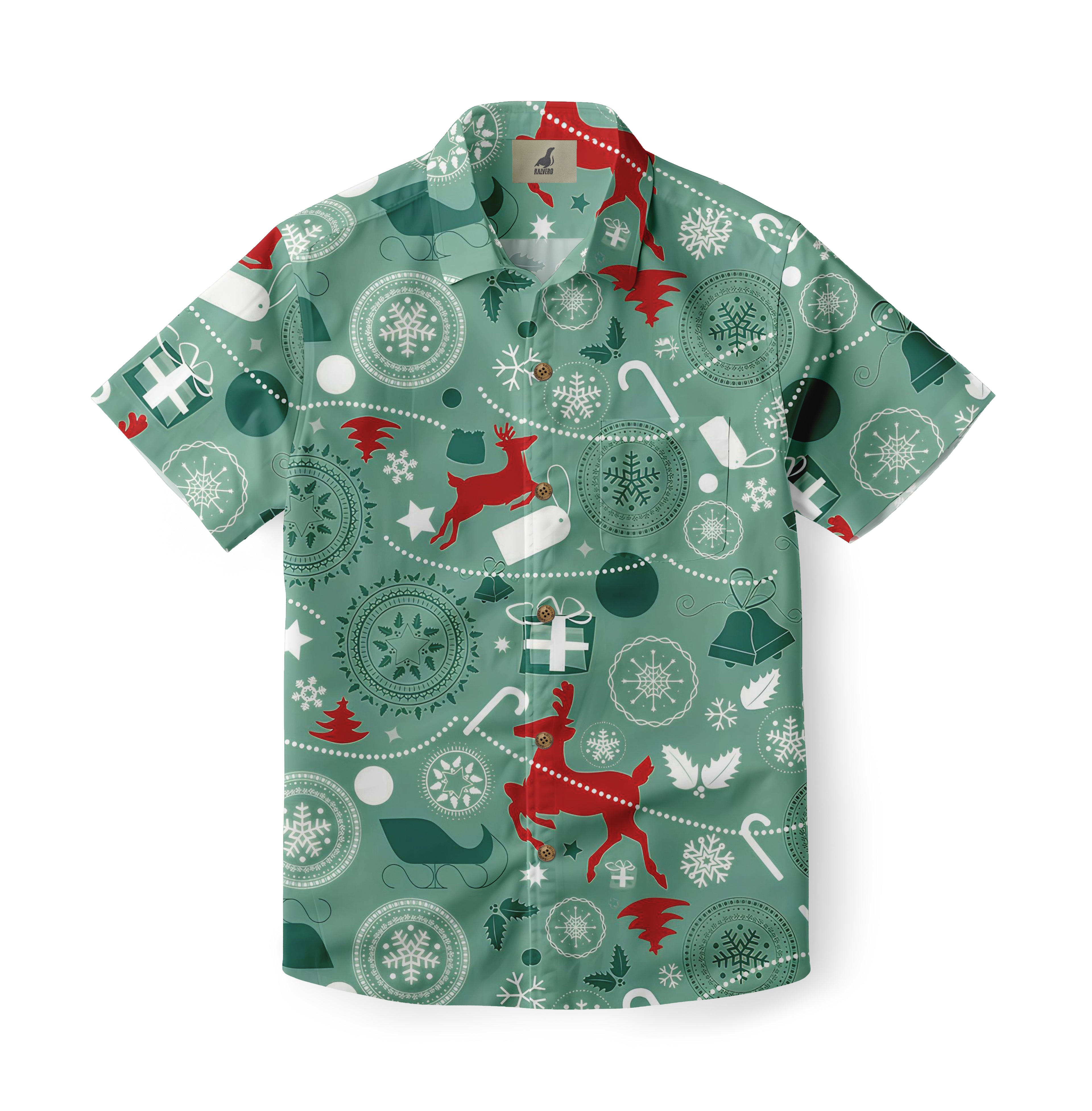 Green Christmas-themed Hawaiian shirt with reindeer, snowflakes.