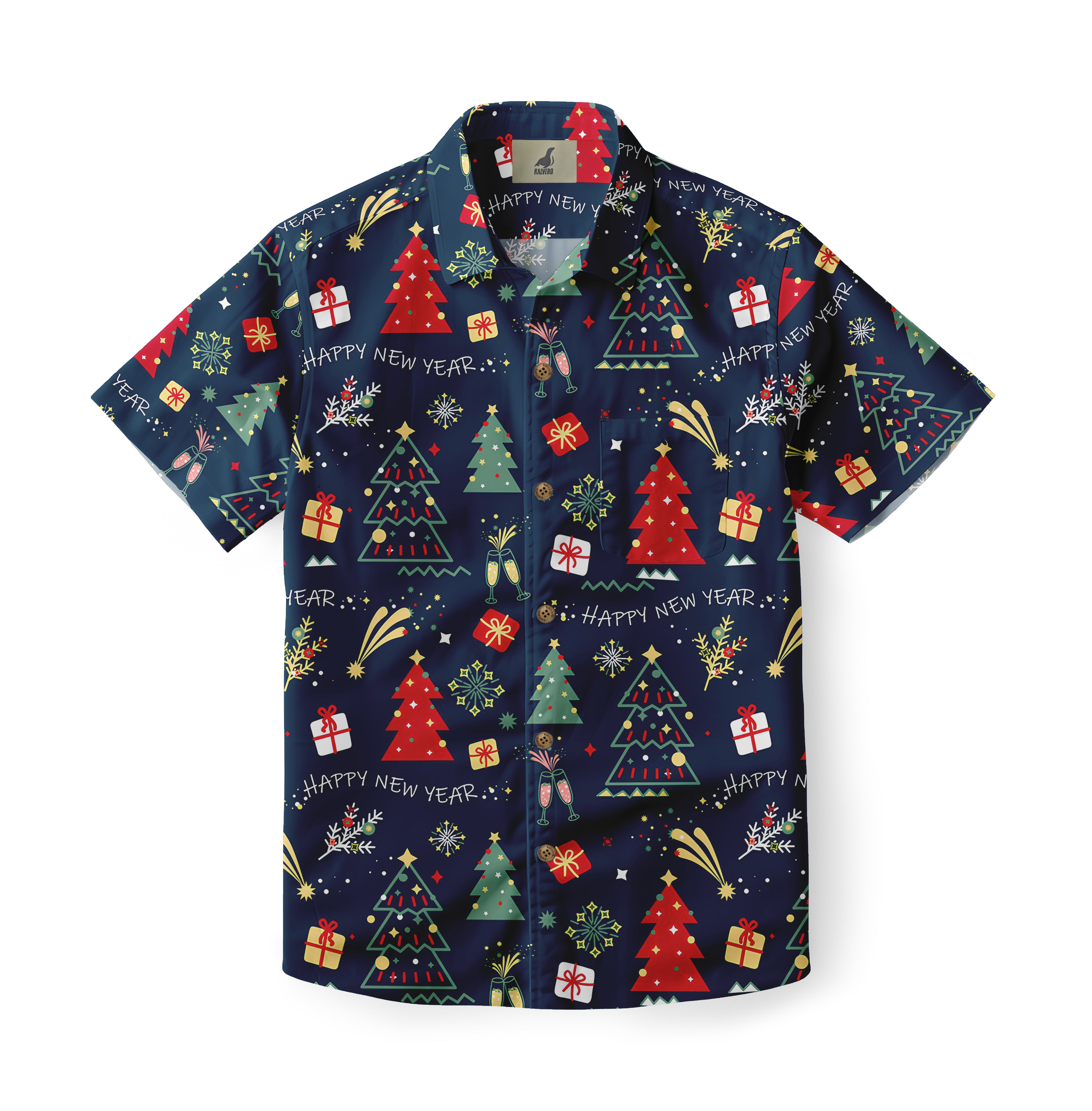 Dark blue short-sleeve shirt with festive Christmas and New Year.