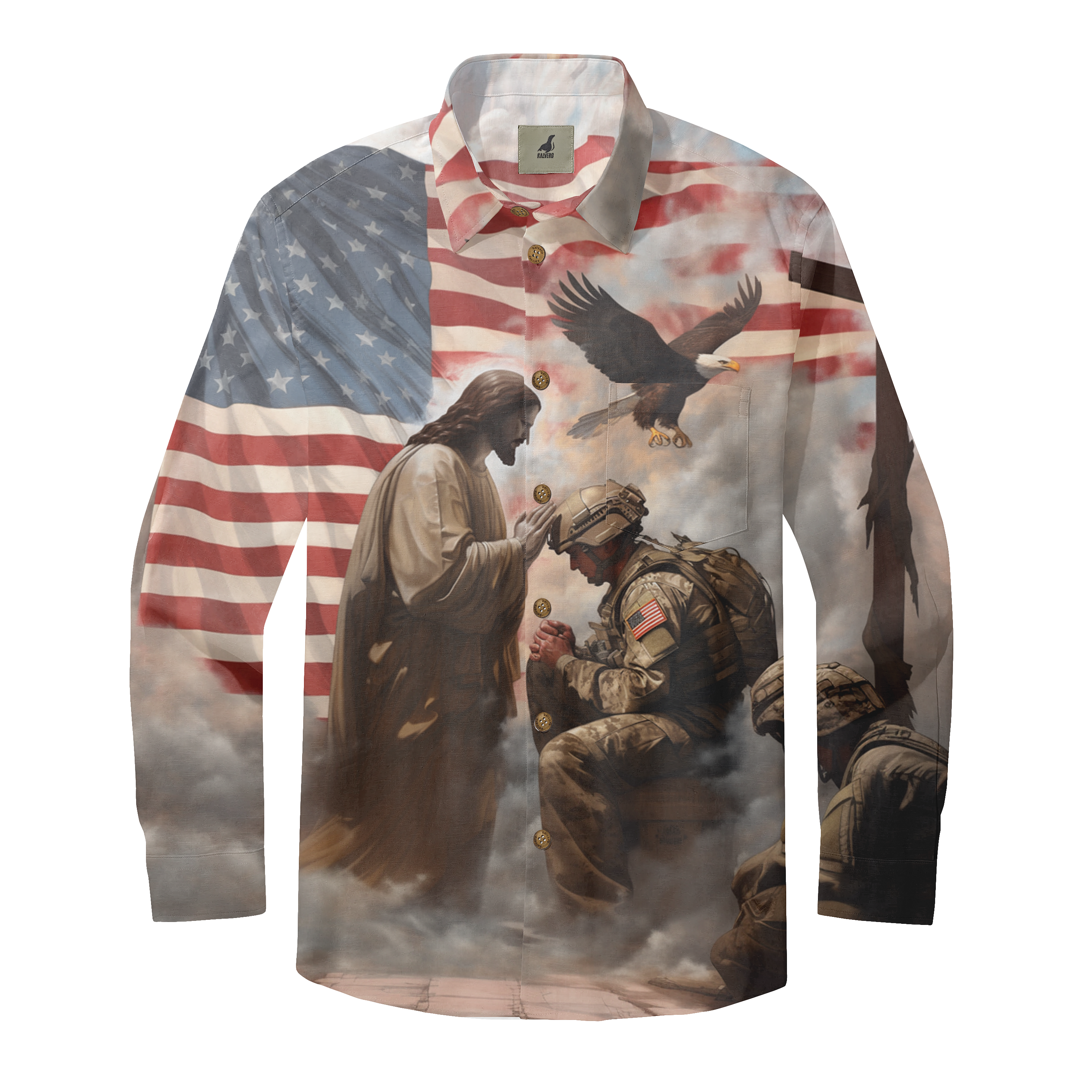A long-sleeve shirt featuring a patriotic design with an American.