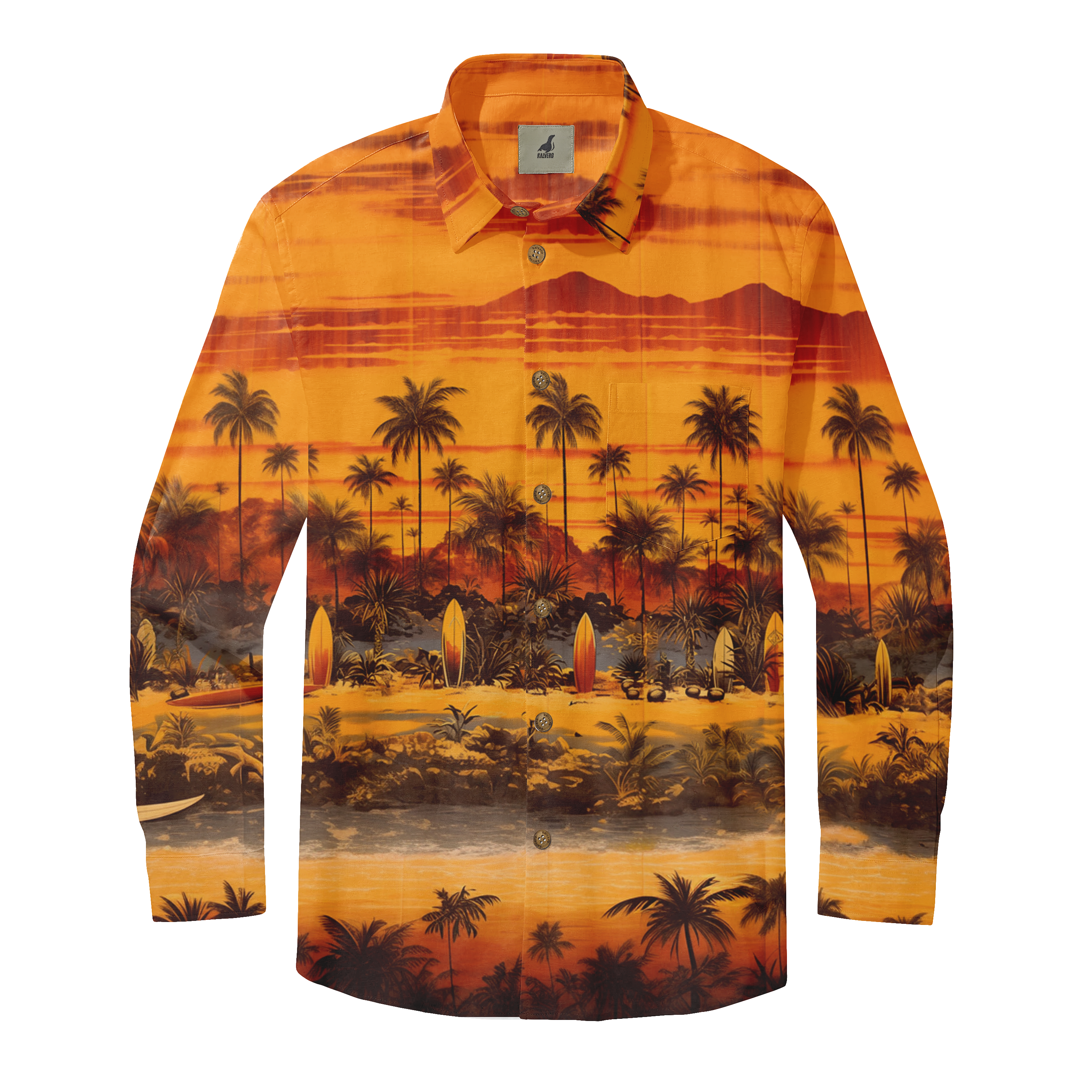 Vibrant orange Hawaiian shirt with tropical palm tree and sunset.