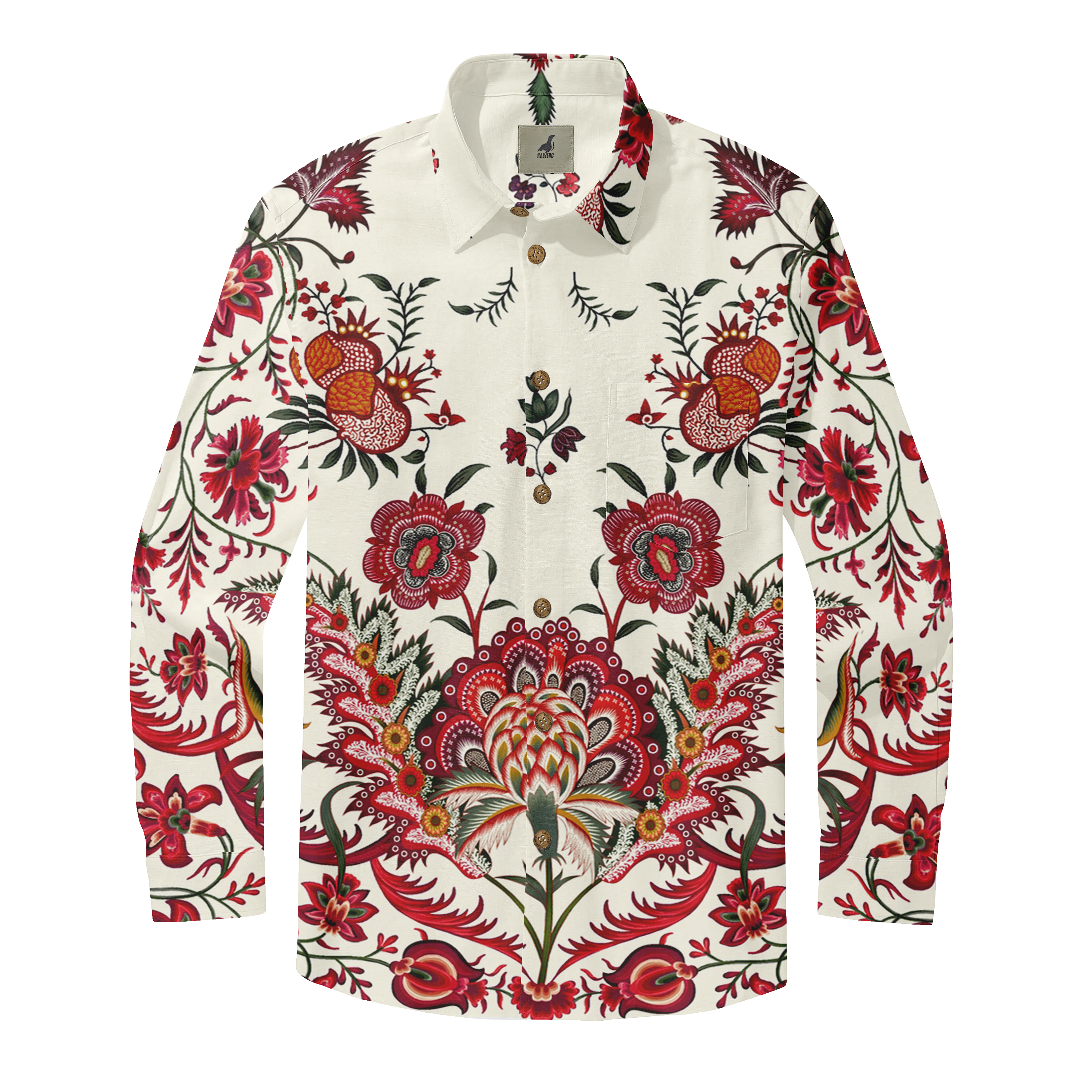 Cream shirt with vibrant red floral and botanical print, featuring.