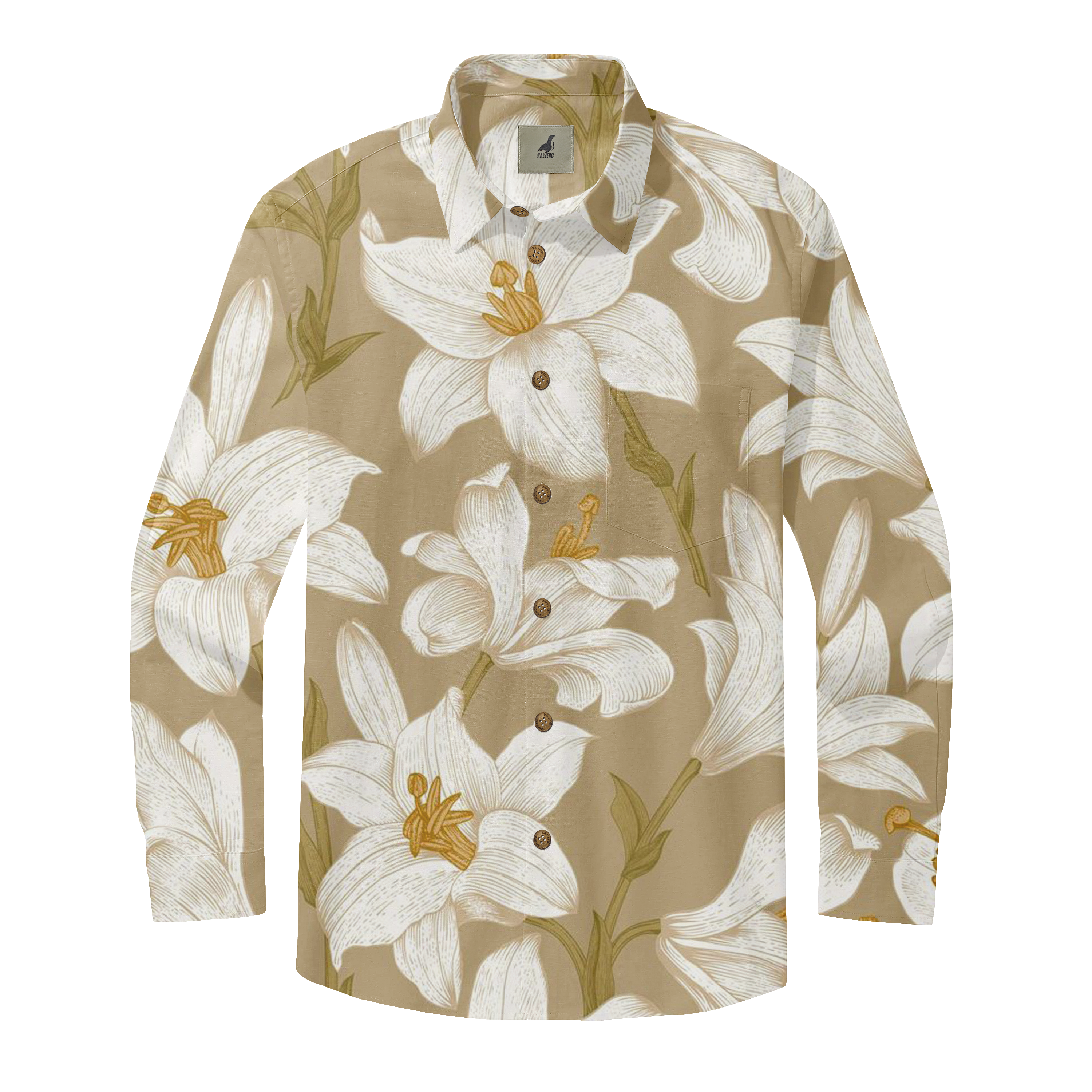 Beige long-sleeve shirt with white floral pattern and brown buttons.
