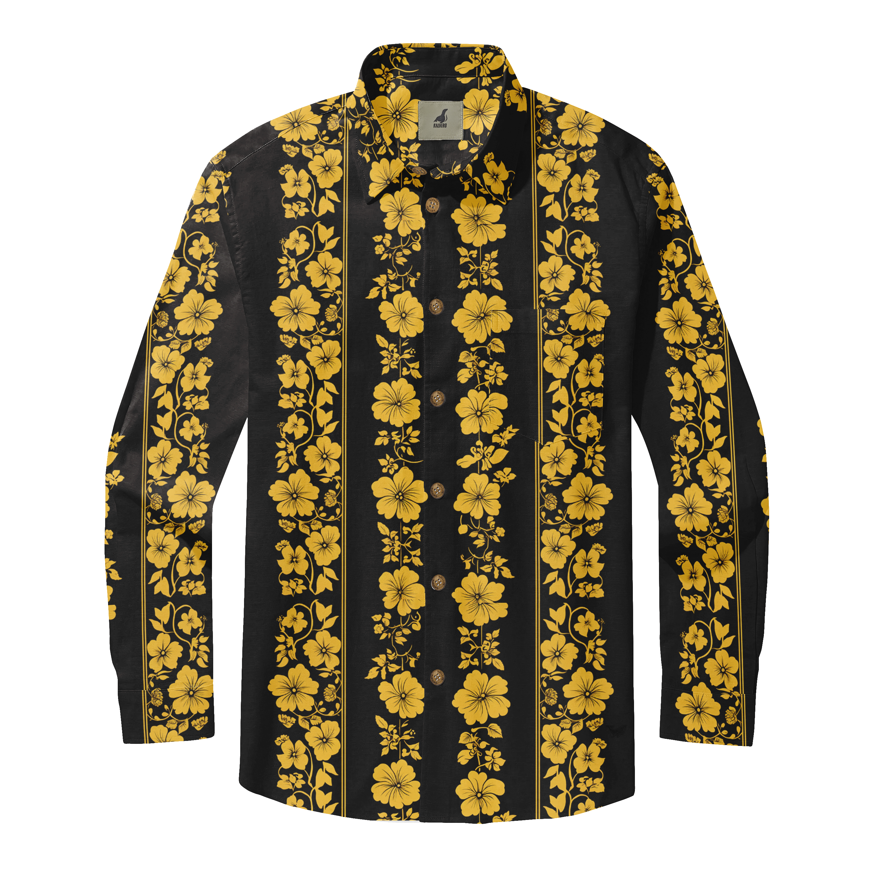 Black long-sleeve shirt with vibrant yellow floral pattern.