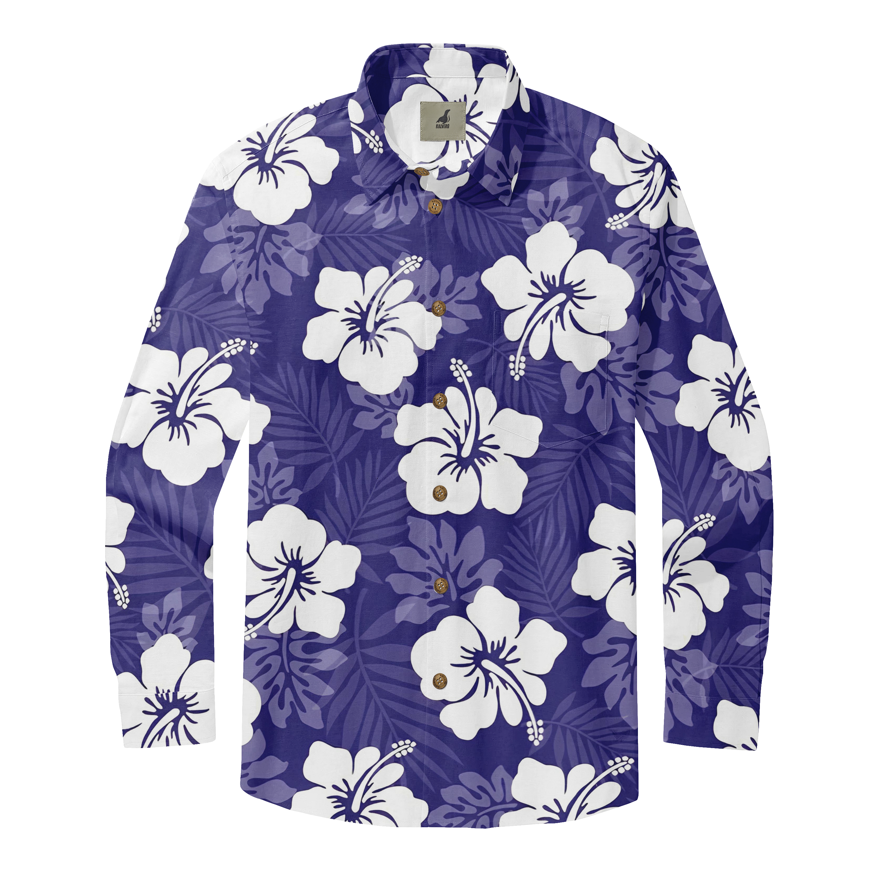Blue shirt with white hibiscus flowers and leaves pattern.