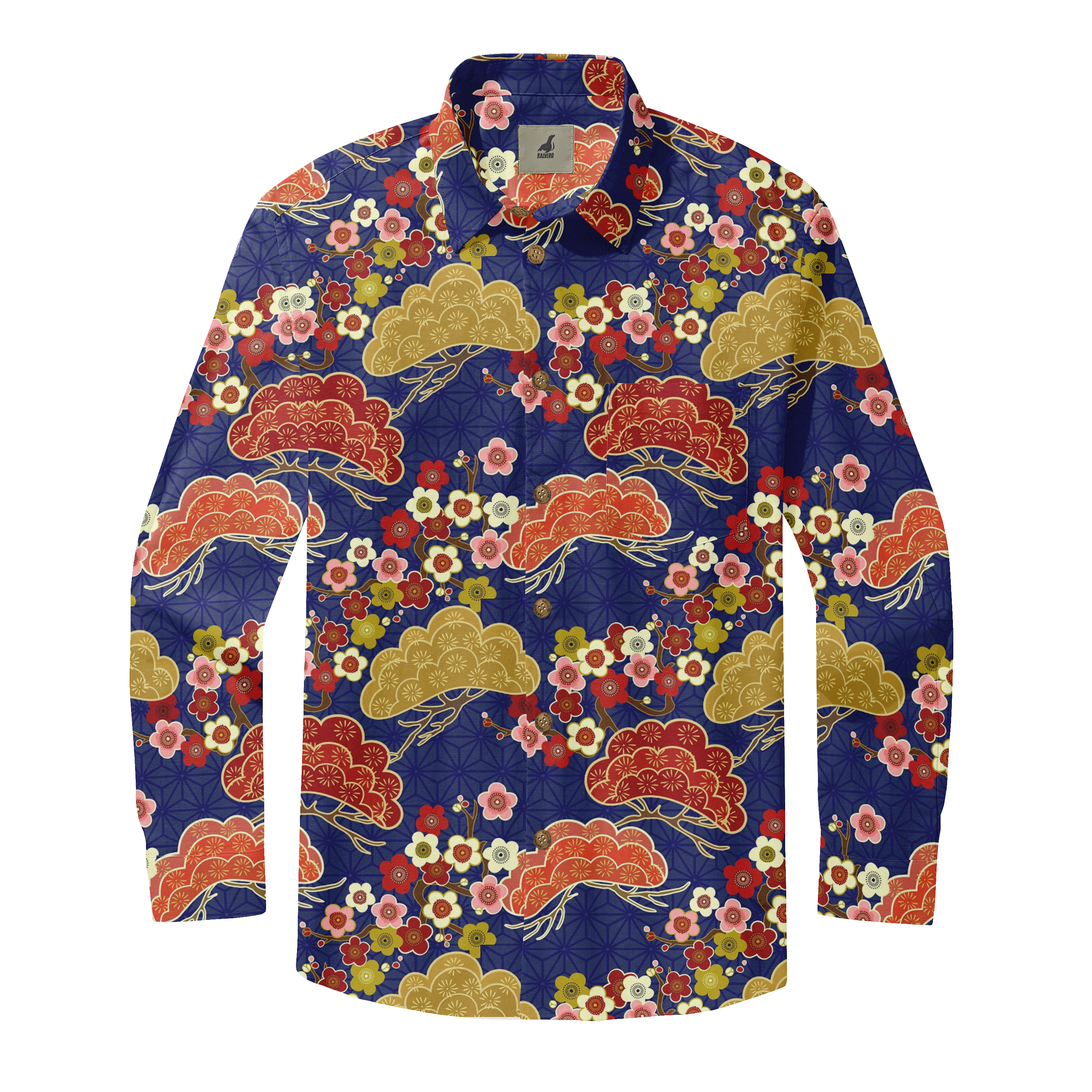 A navy blue shirt with a vibrant floral and cloud pattern in red.