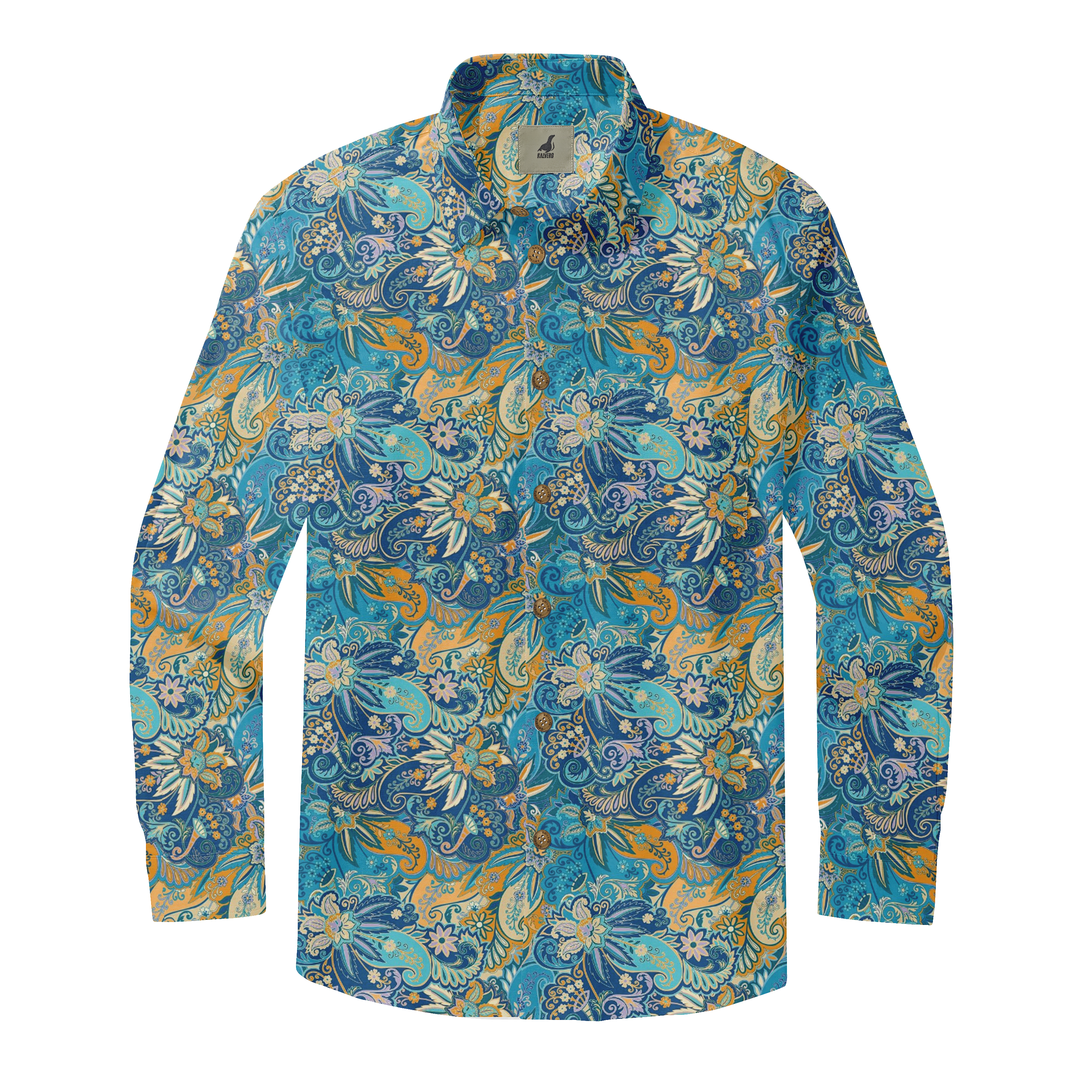 Vibrant floral-patterned long-sleeve shirt in blue, yellow, and teal.
