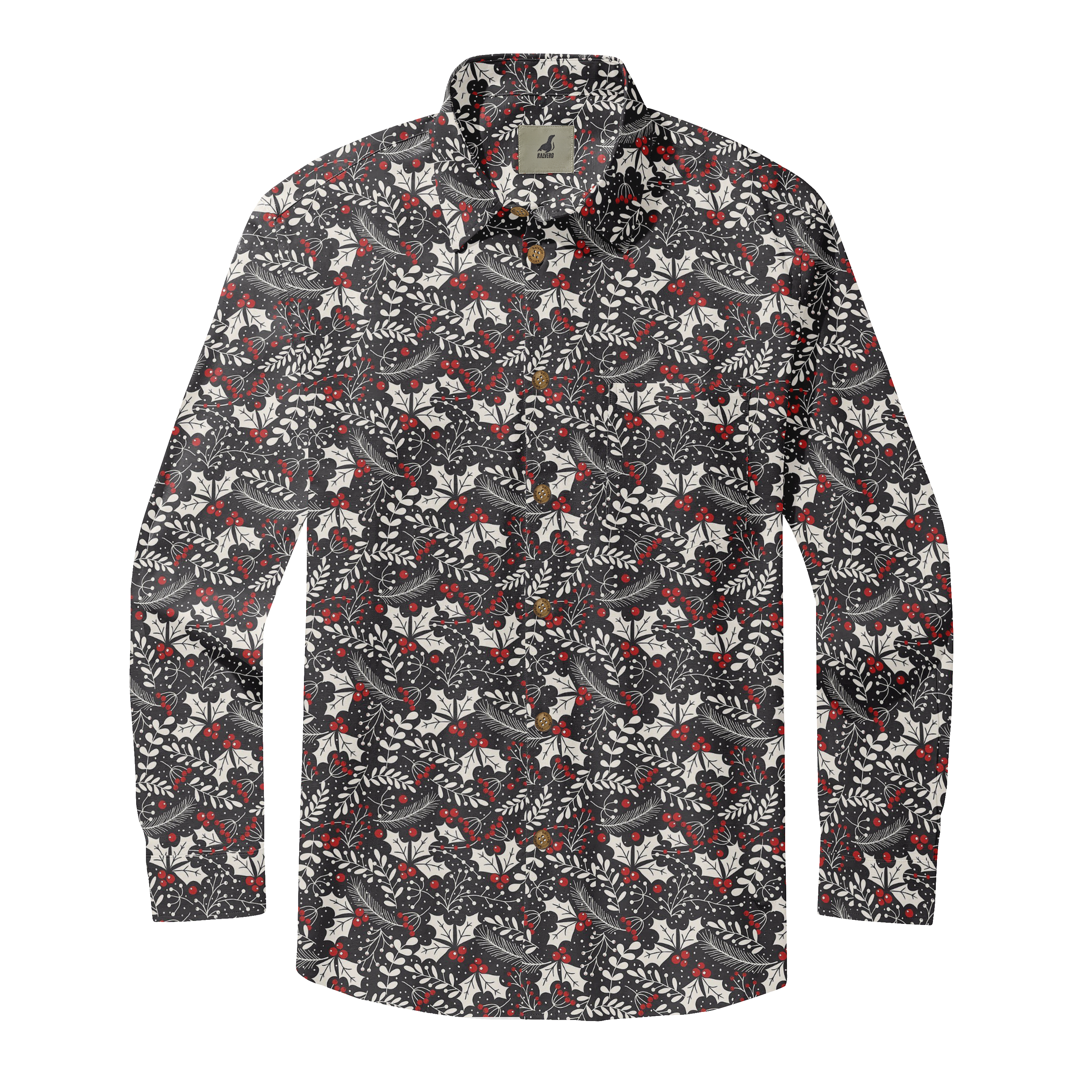Long-sleeve shirt with red berries, black leaves, and white.