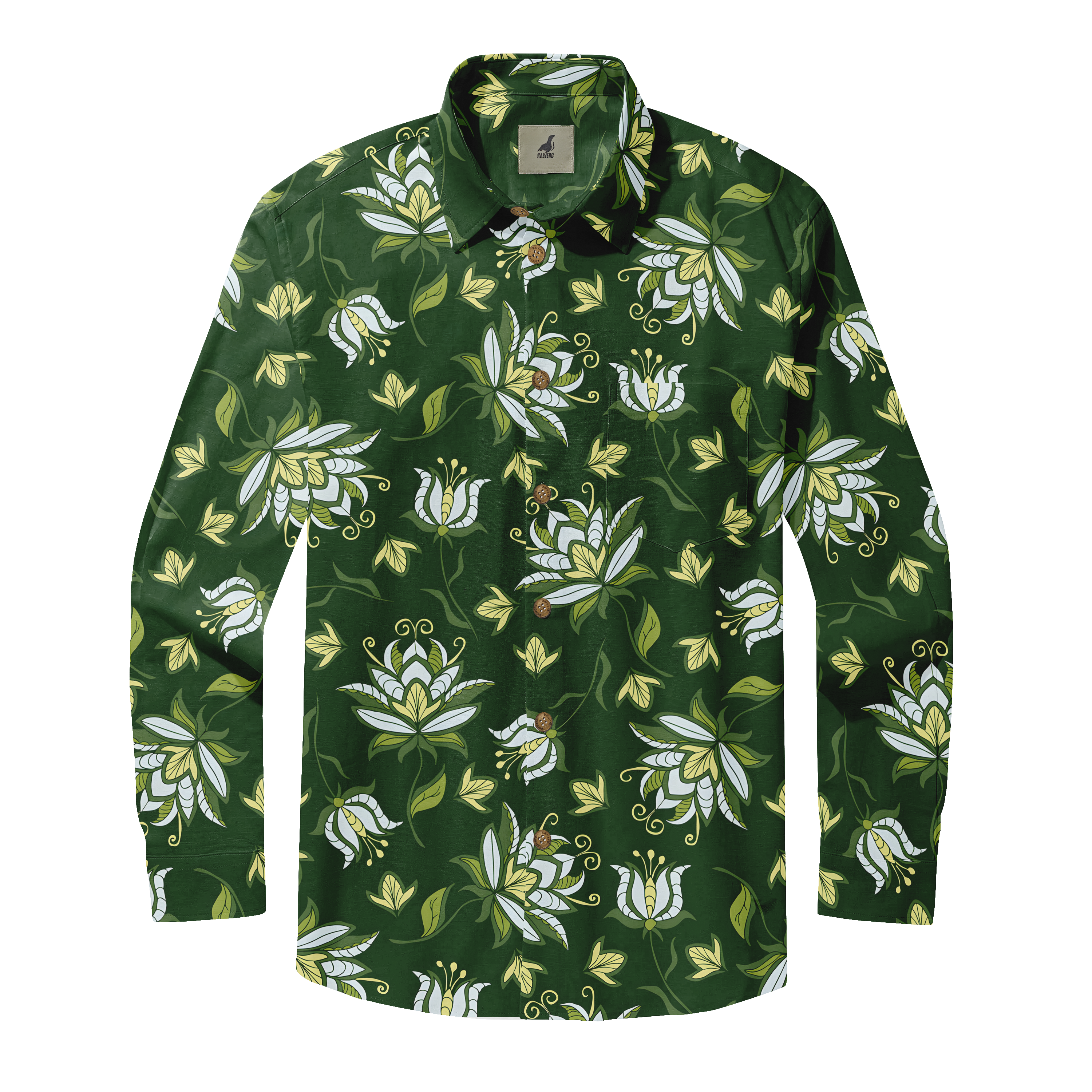 Dark green long-sleeve shirt with white and yellow floral pattern.