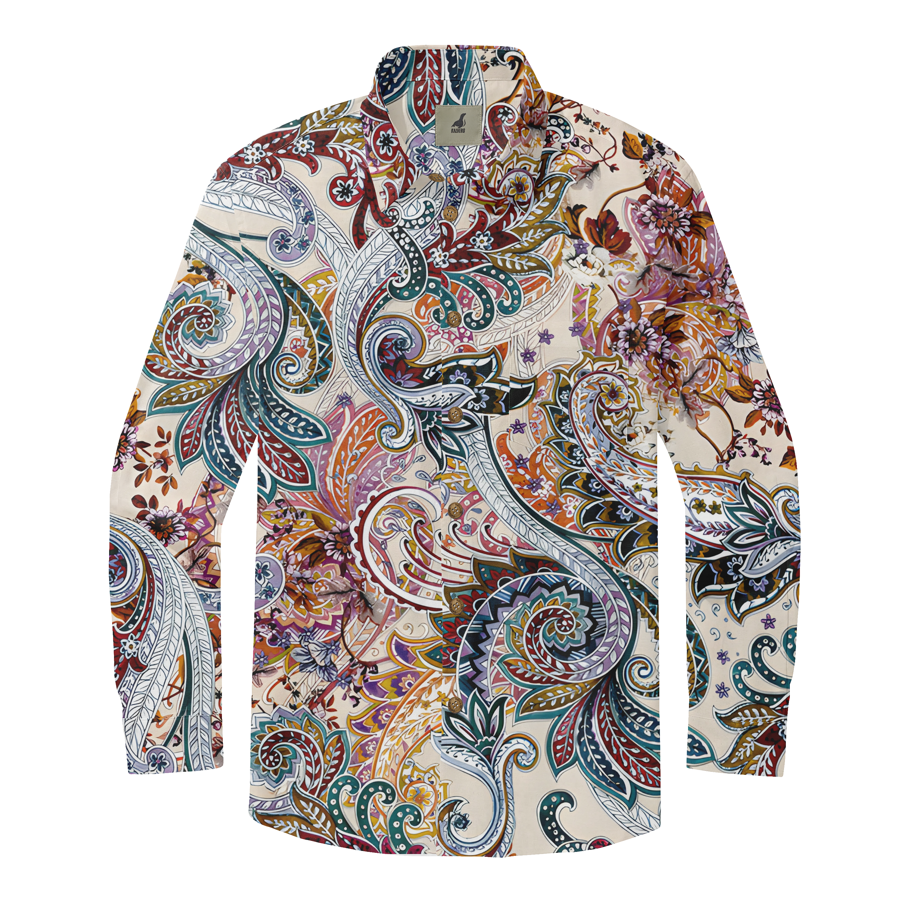 Colorful paisley-patterned long-sleeve shirt with intricate floral.