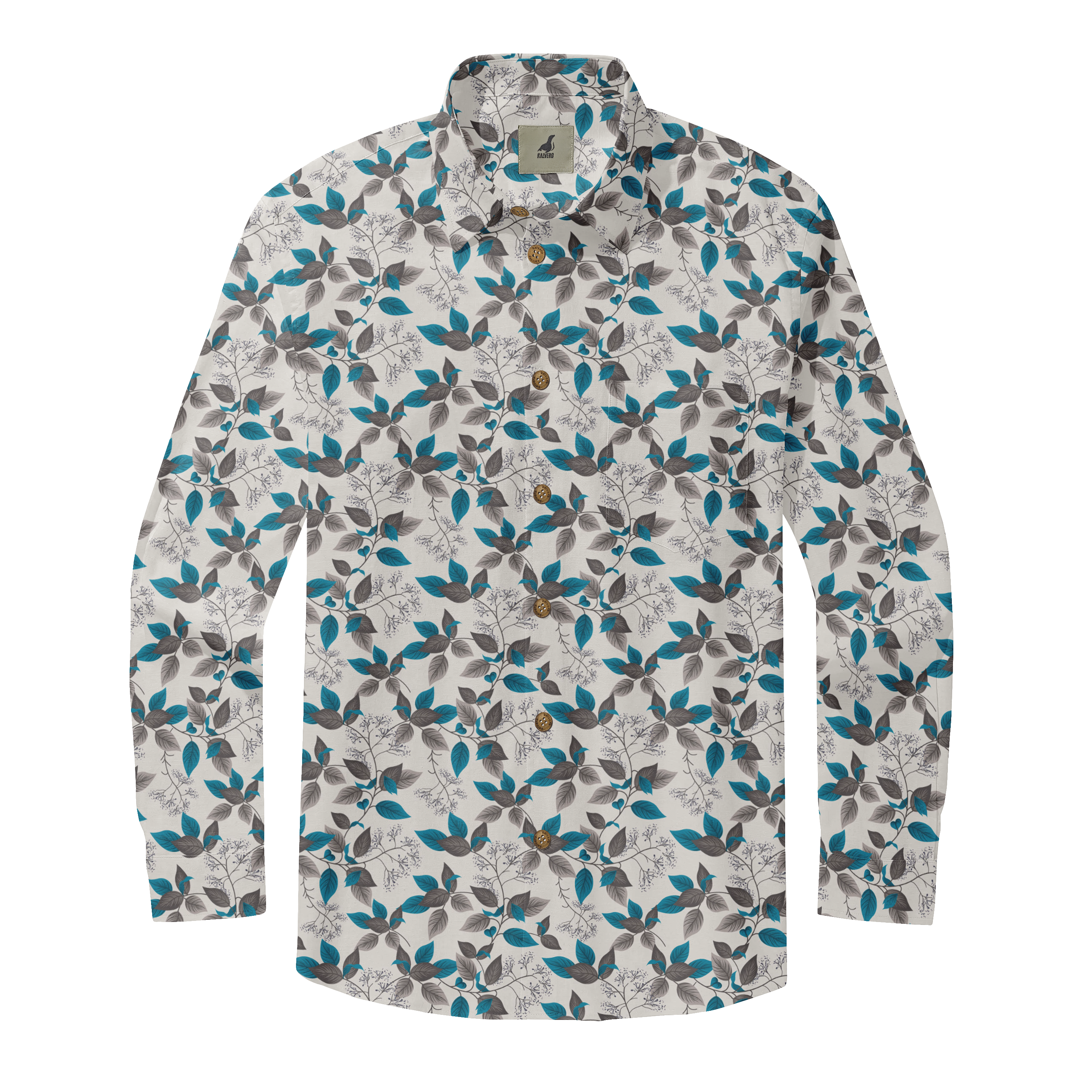 A long-sleeve shirt with a leafy pattern in blue, gray, and white.