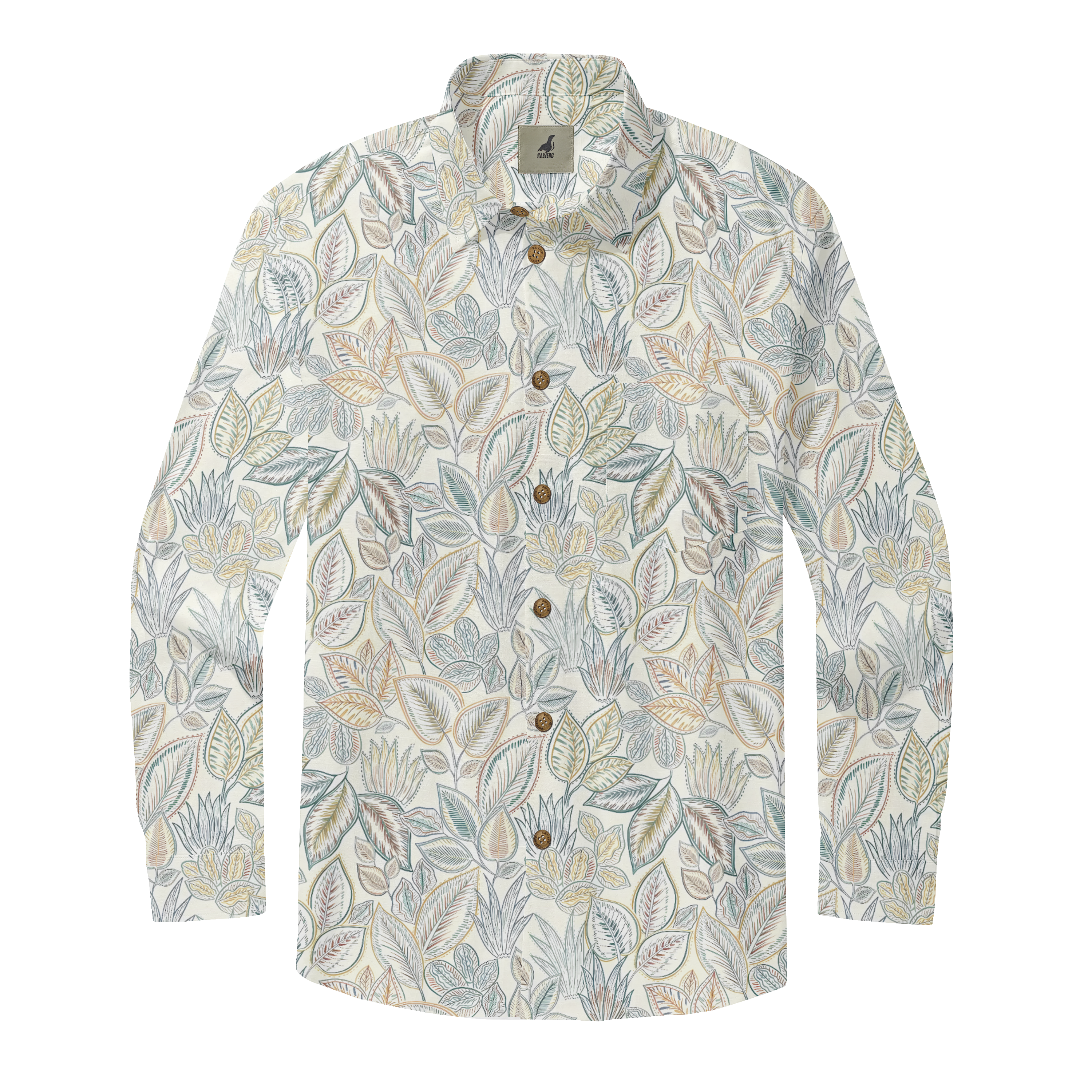 A long-sleeve shirt with a floral pattern in muted tones, featuring.