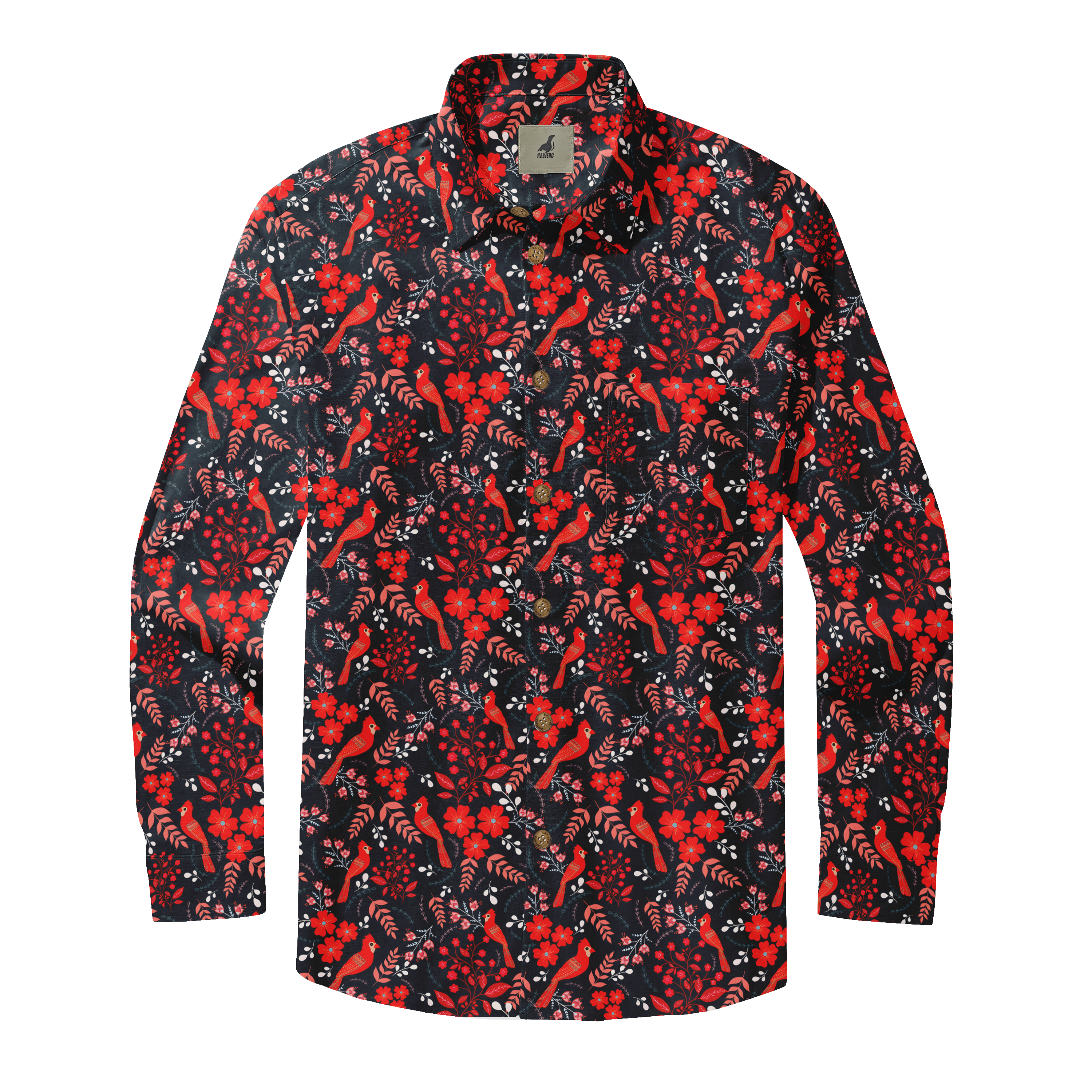 Black shirt with red birds, flowers, and leaves pattern, featuring.