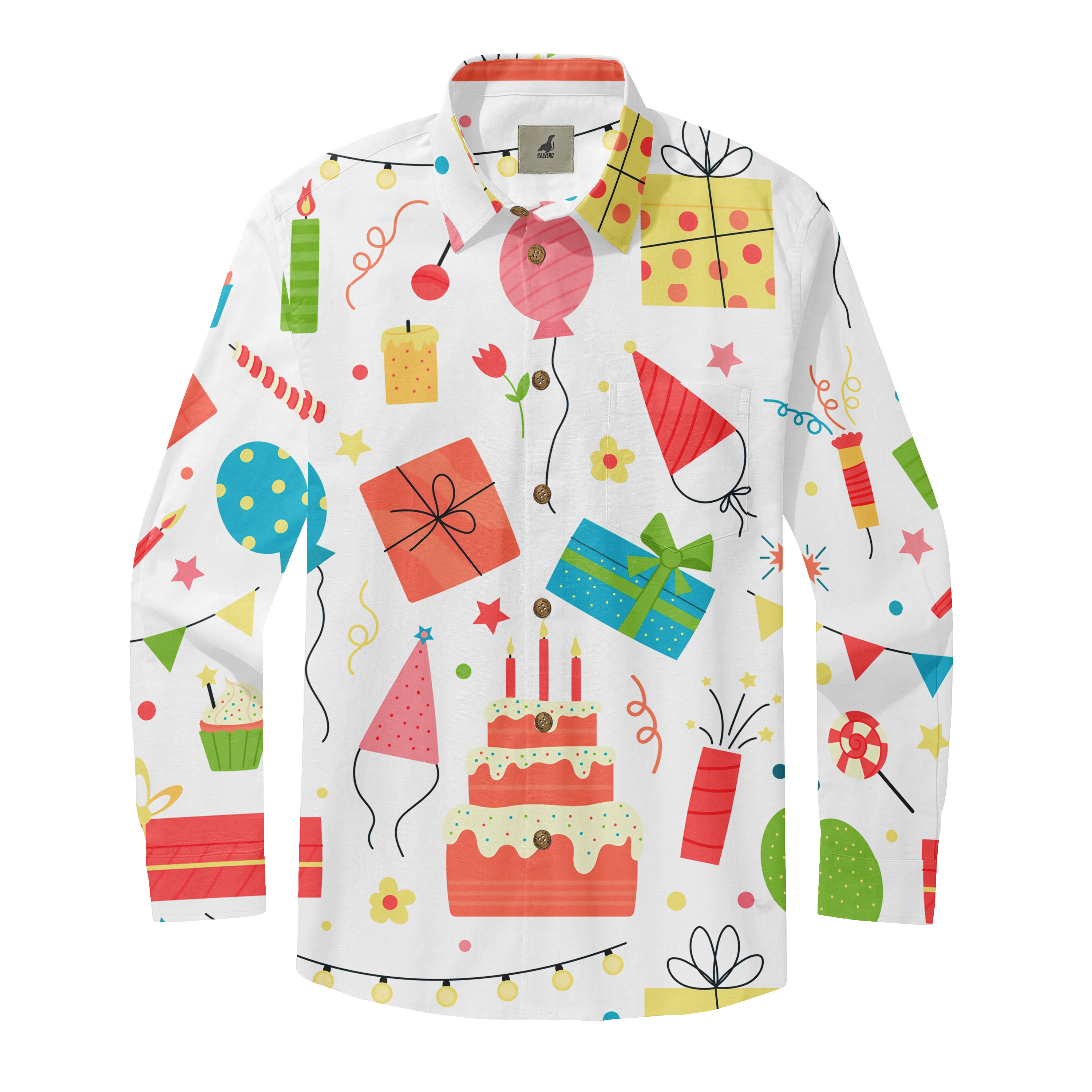 White shirt with colorful birthday party designs.