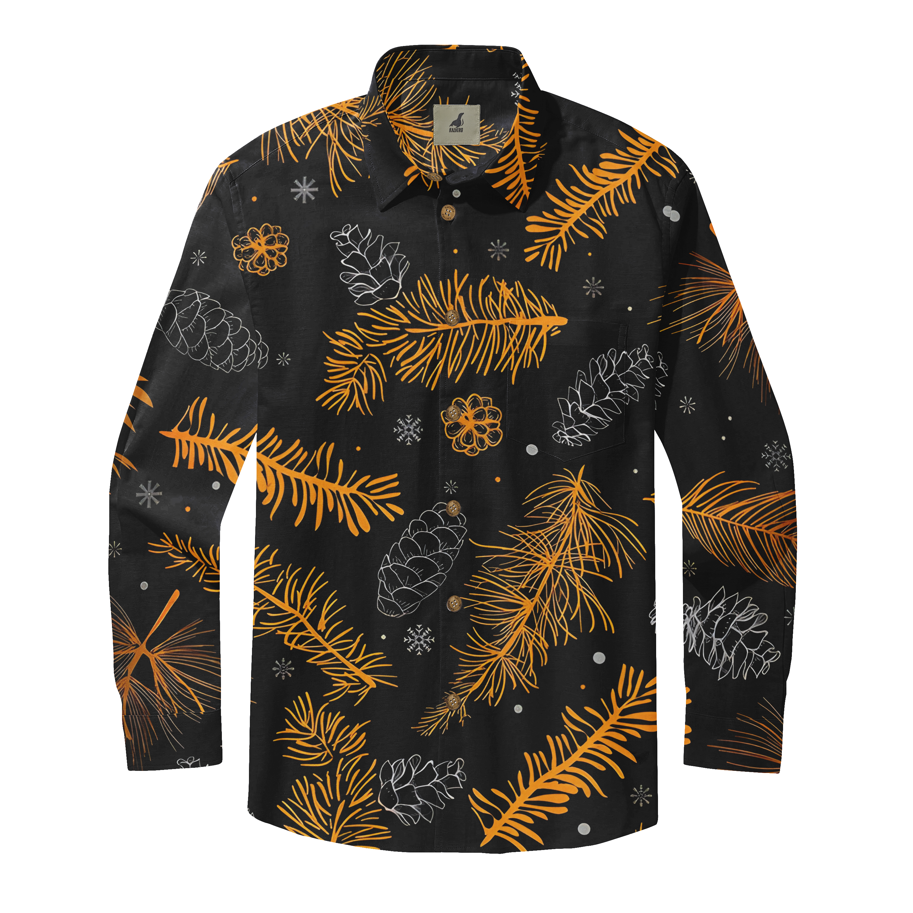 Black long-sleeve shirt with orange pine branches, white pinecones.