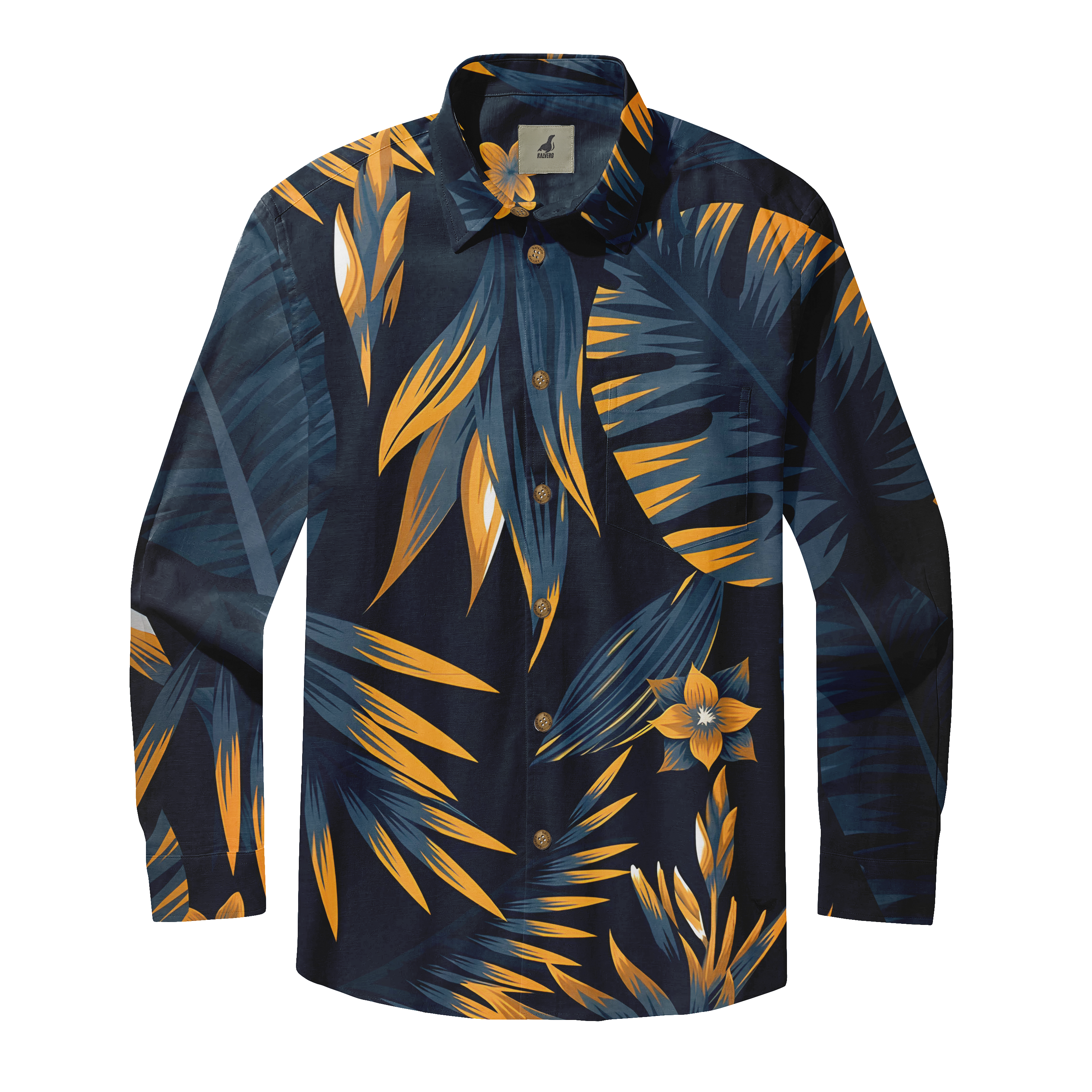Dark blue shirt with orange and blue floral pattern.