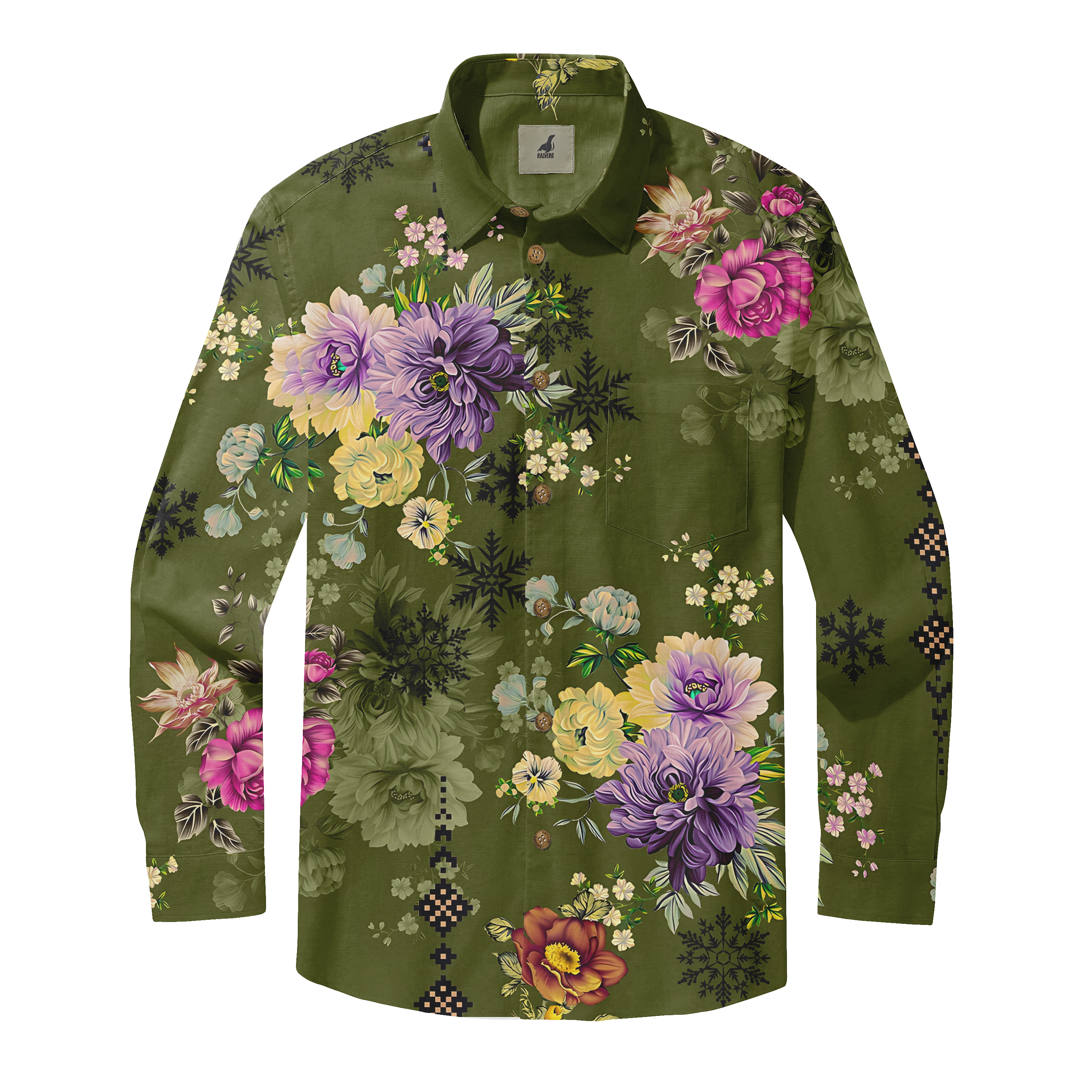 Olive green floral shirt with vibrant purple, pink, and yellow.