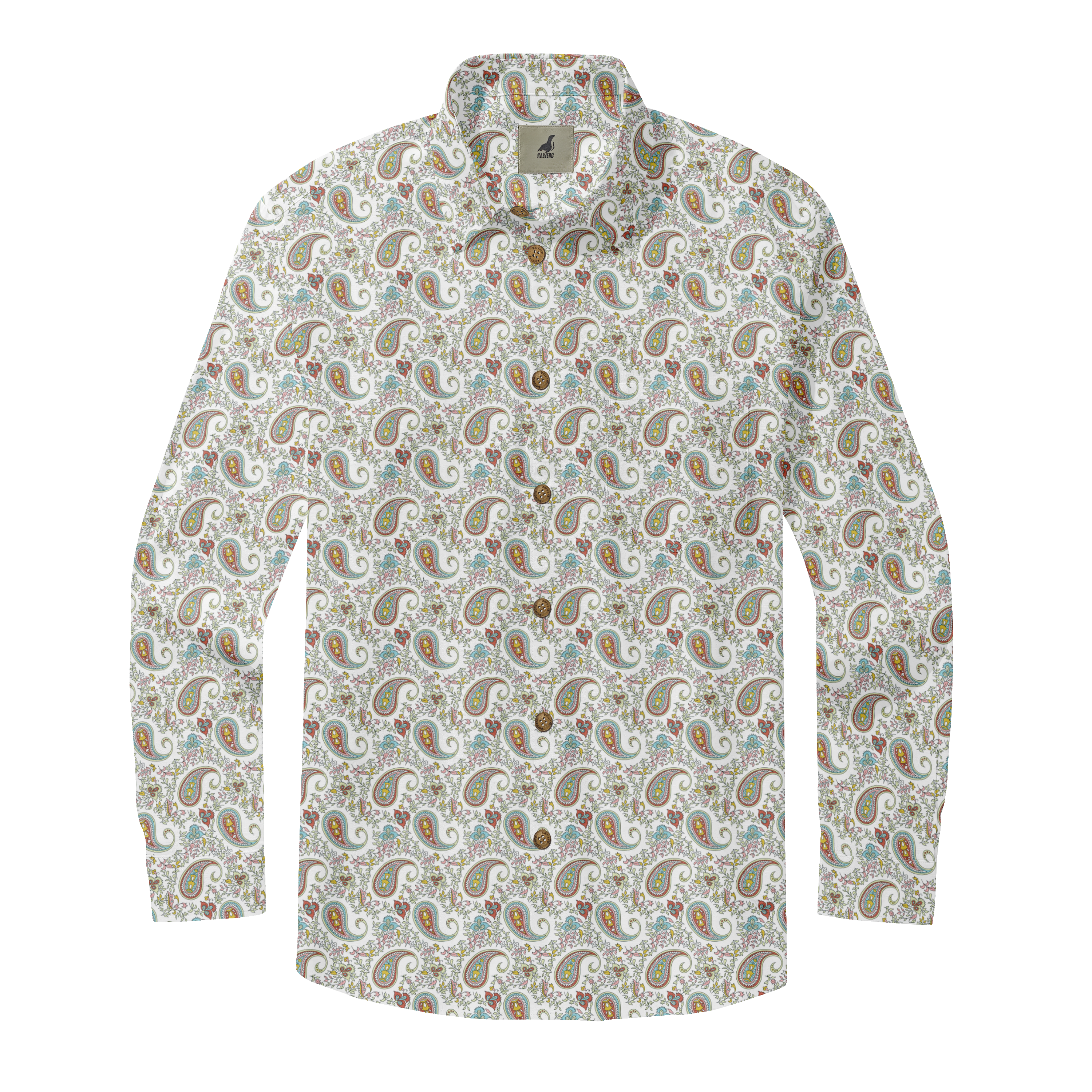Long-sleeve shirt with colorful paisley pattern on white background.