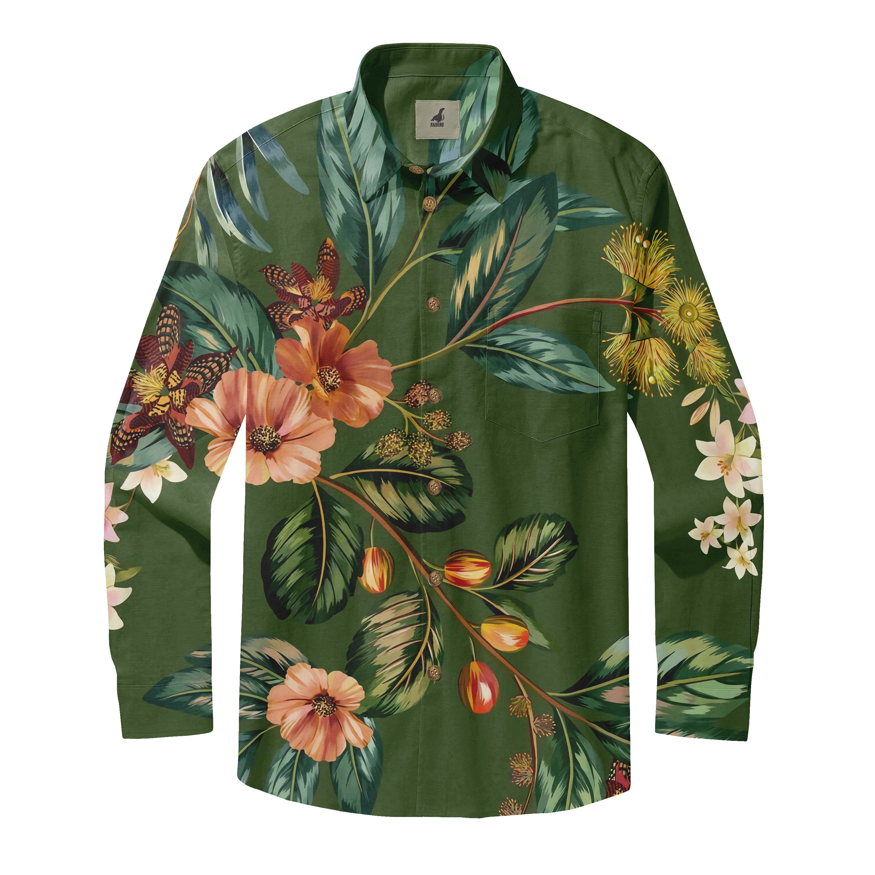Green shirt with floral and leaf pattern.
