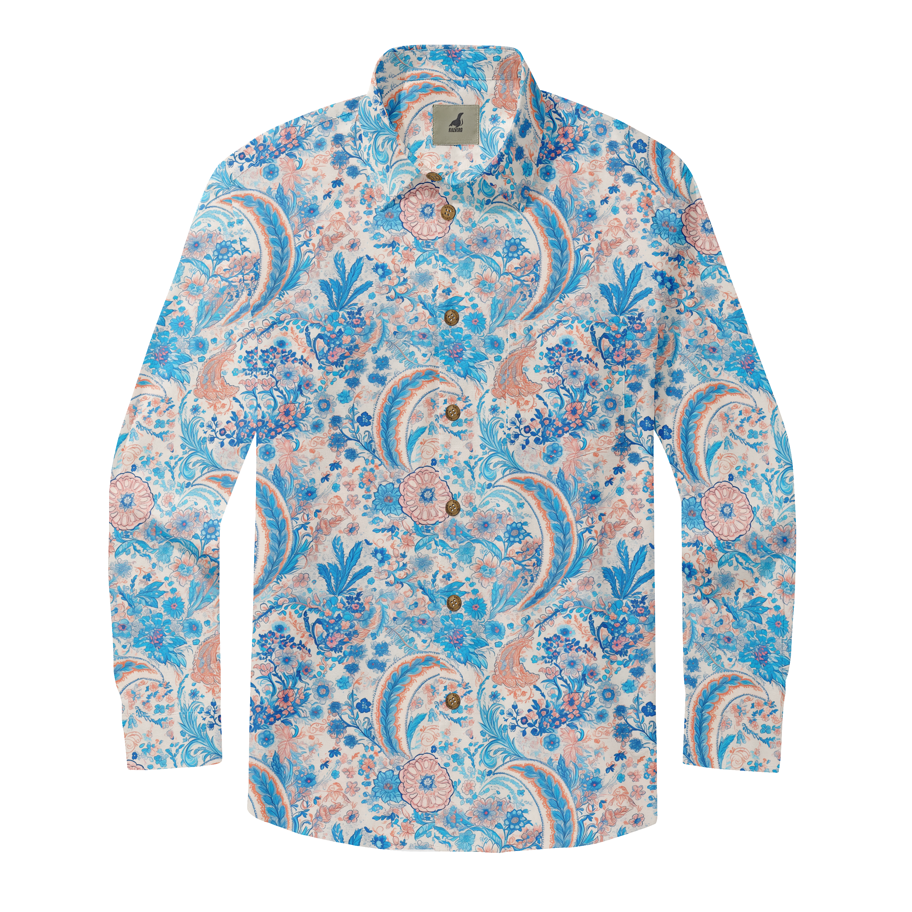 A long-sleeve floral shirt with blue, pink, and orange patterns.