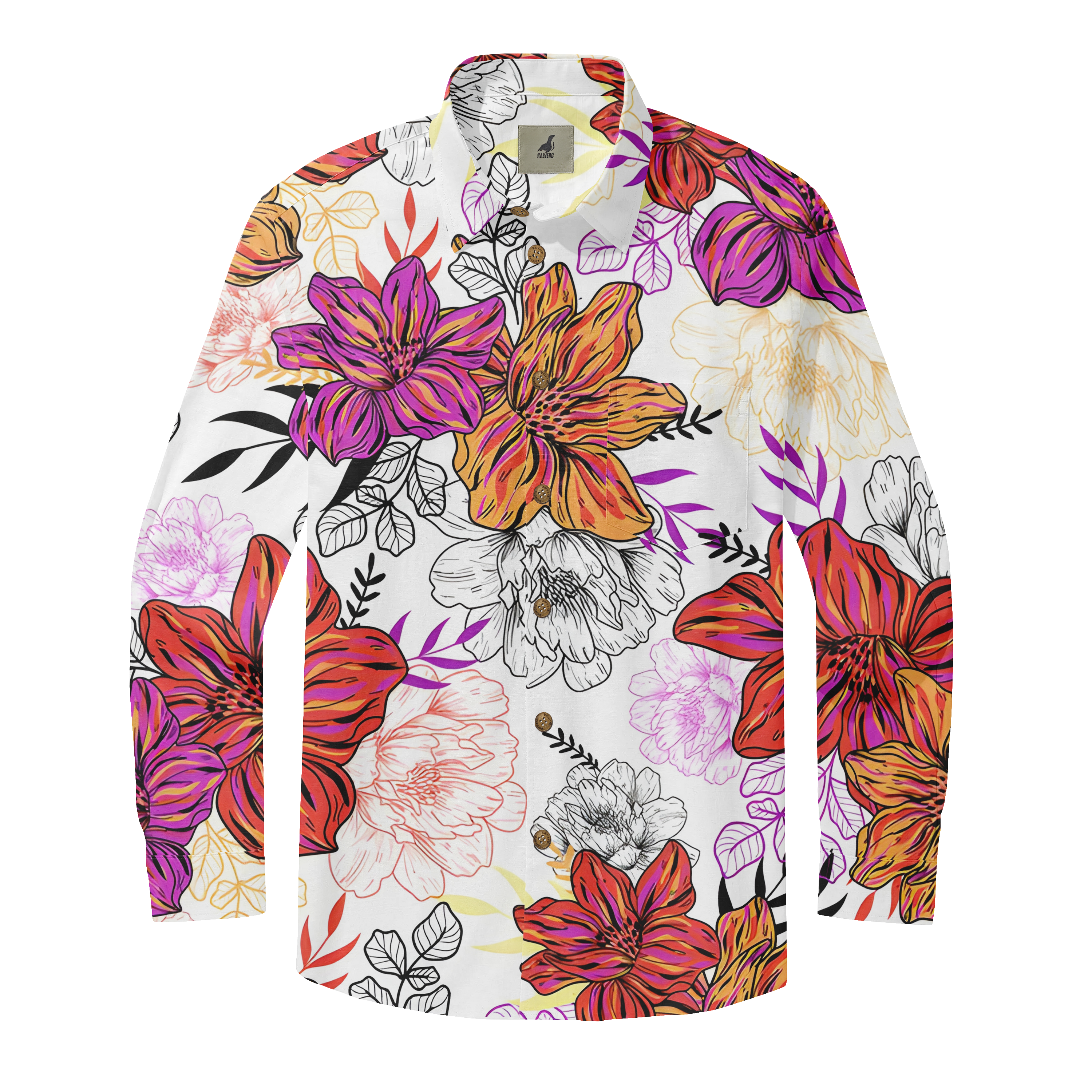 Vibrant floral long-sleeve shirt with colorful patterns on a white.