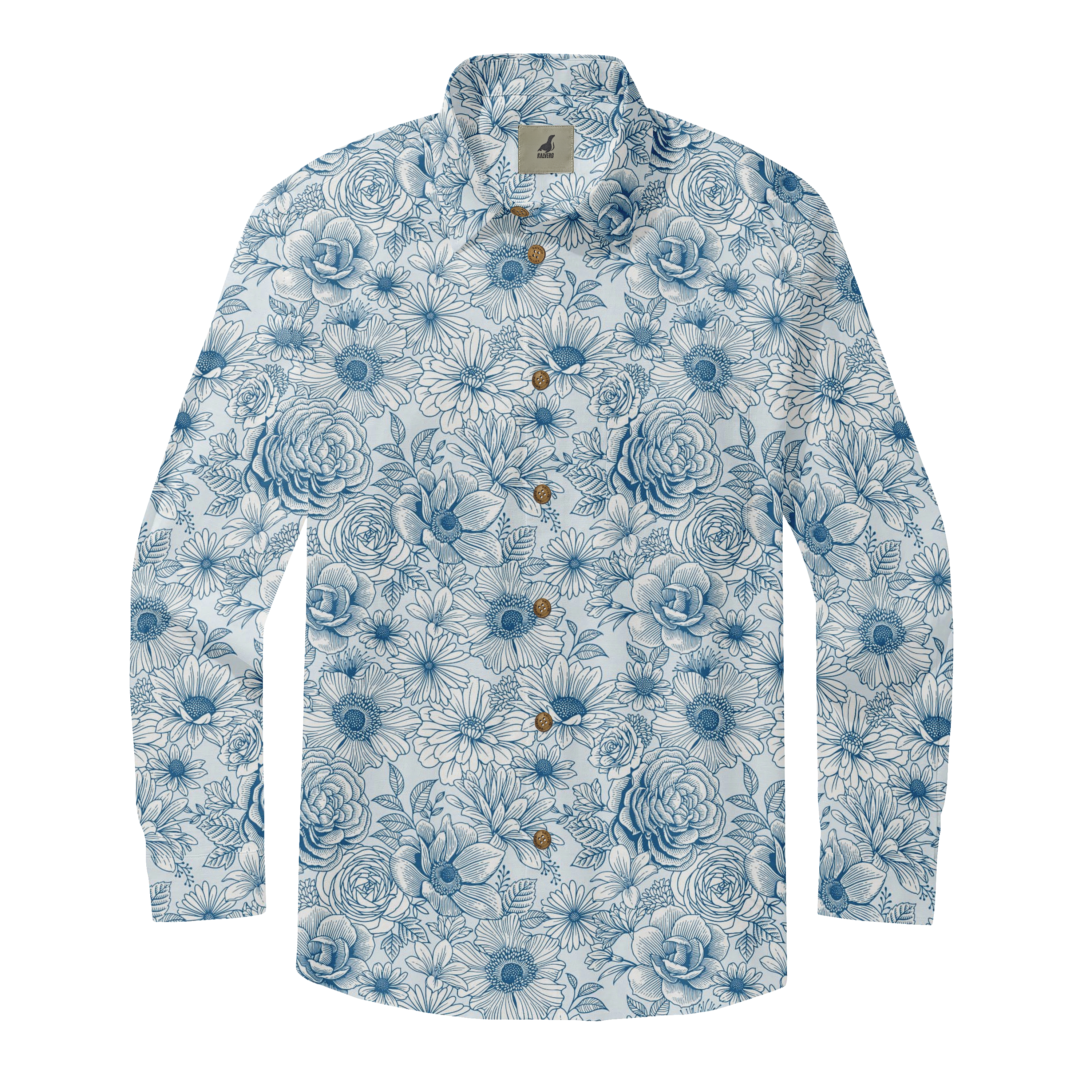 Blue floral print long-sleeve shirt with buttons.