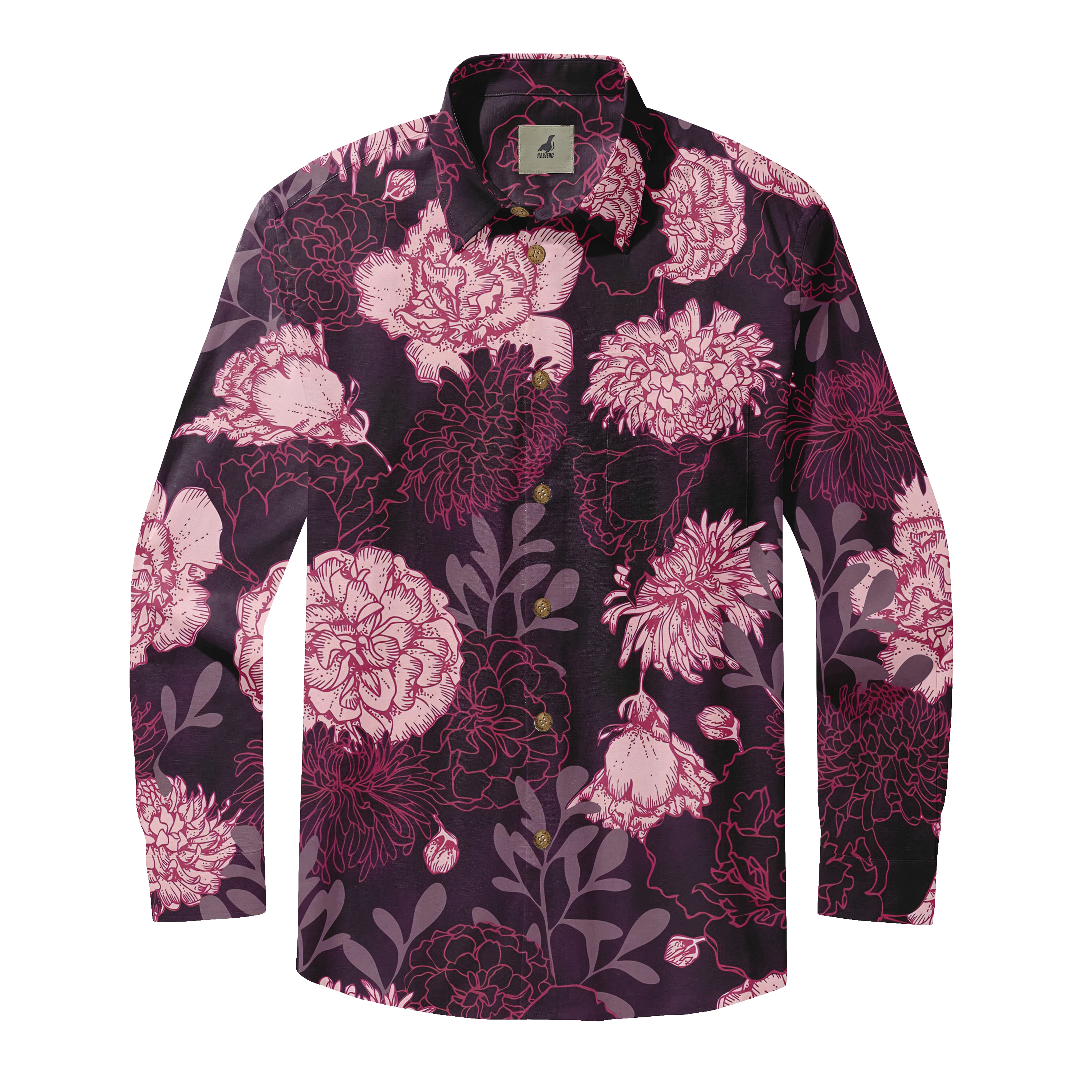 Dark floral shirt with pink and purple flowers, long sleeves.