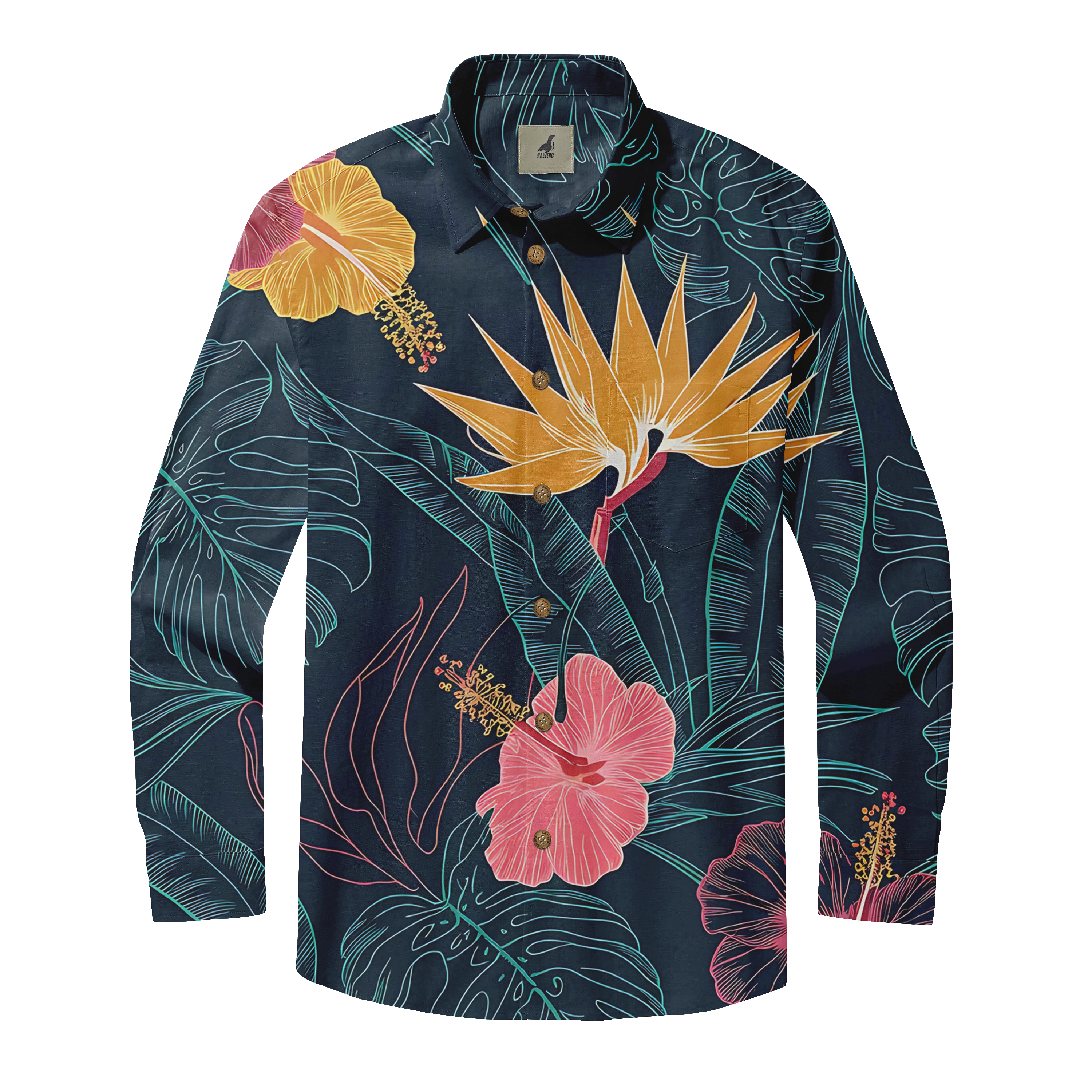 Dark blue shirt with vibrant tropical flowers and leaves print.
