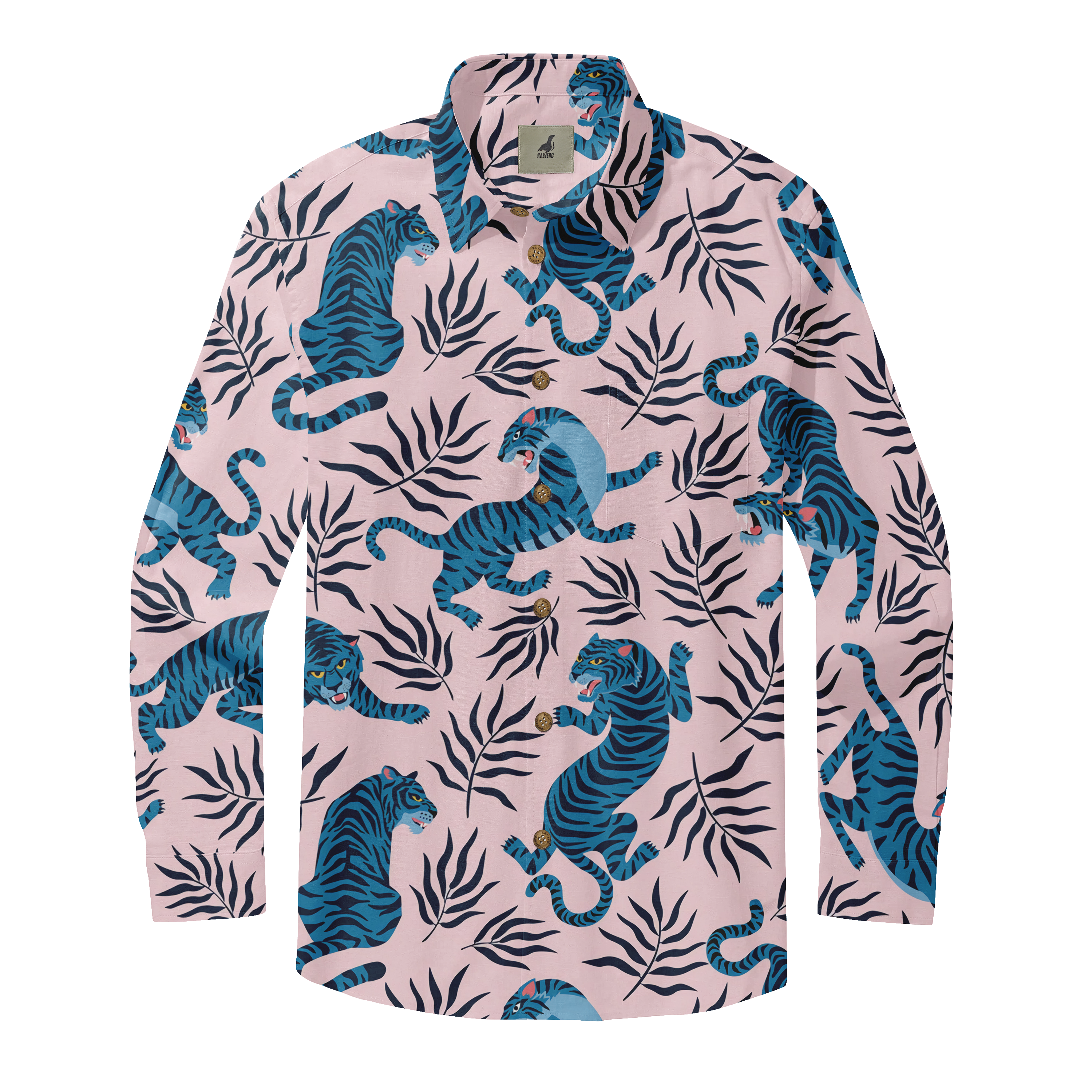 Pink shirt with blue tiger and leaf print.