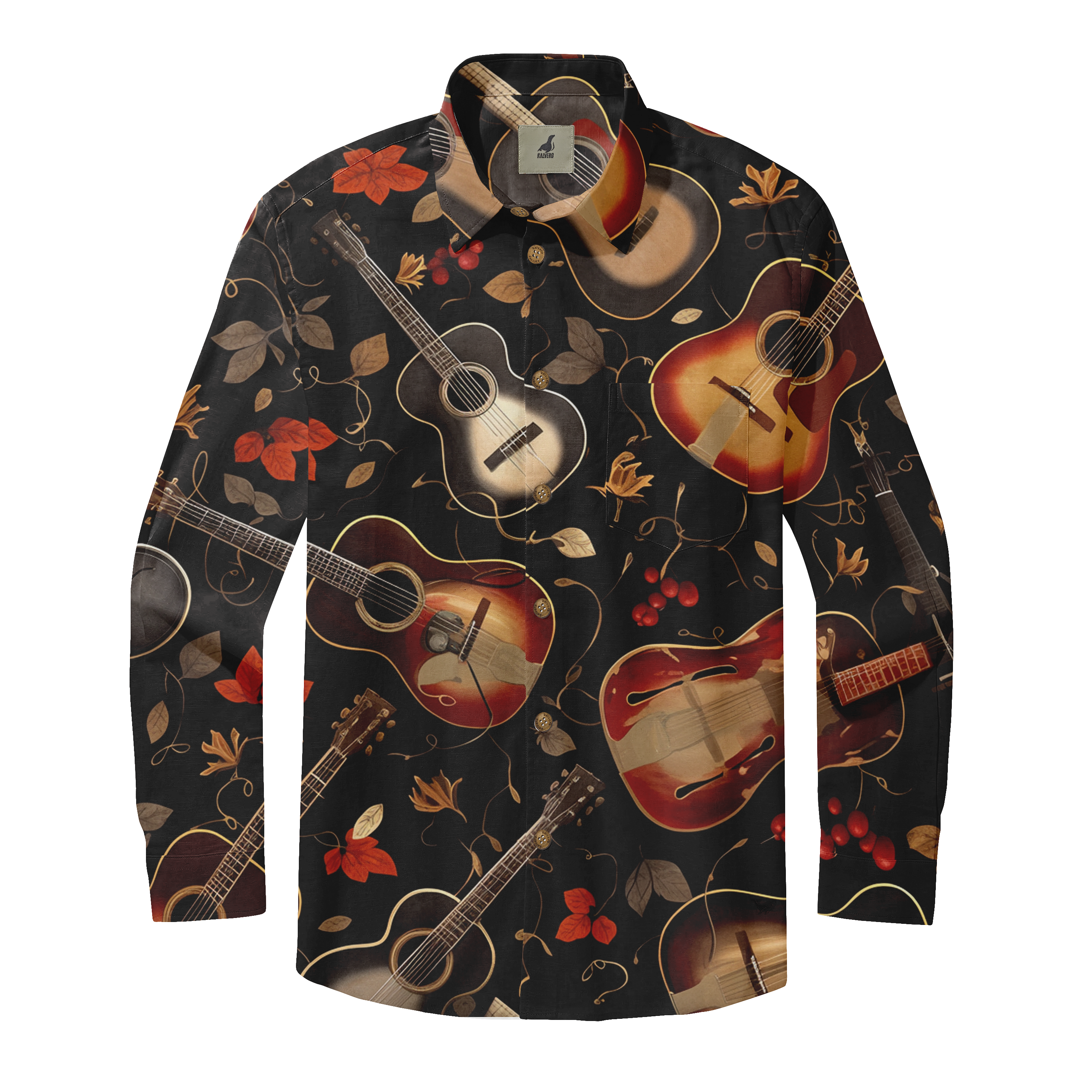 Black shirt with guitar, leaves, and berries pattern.