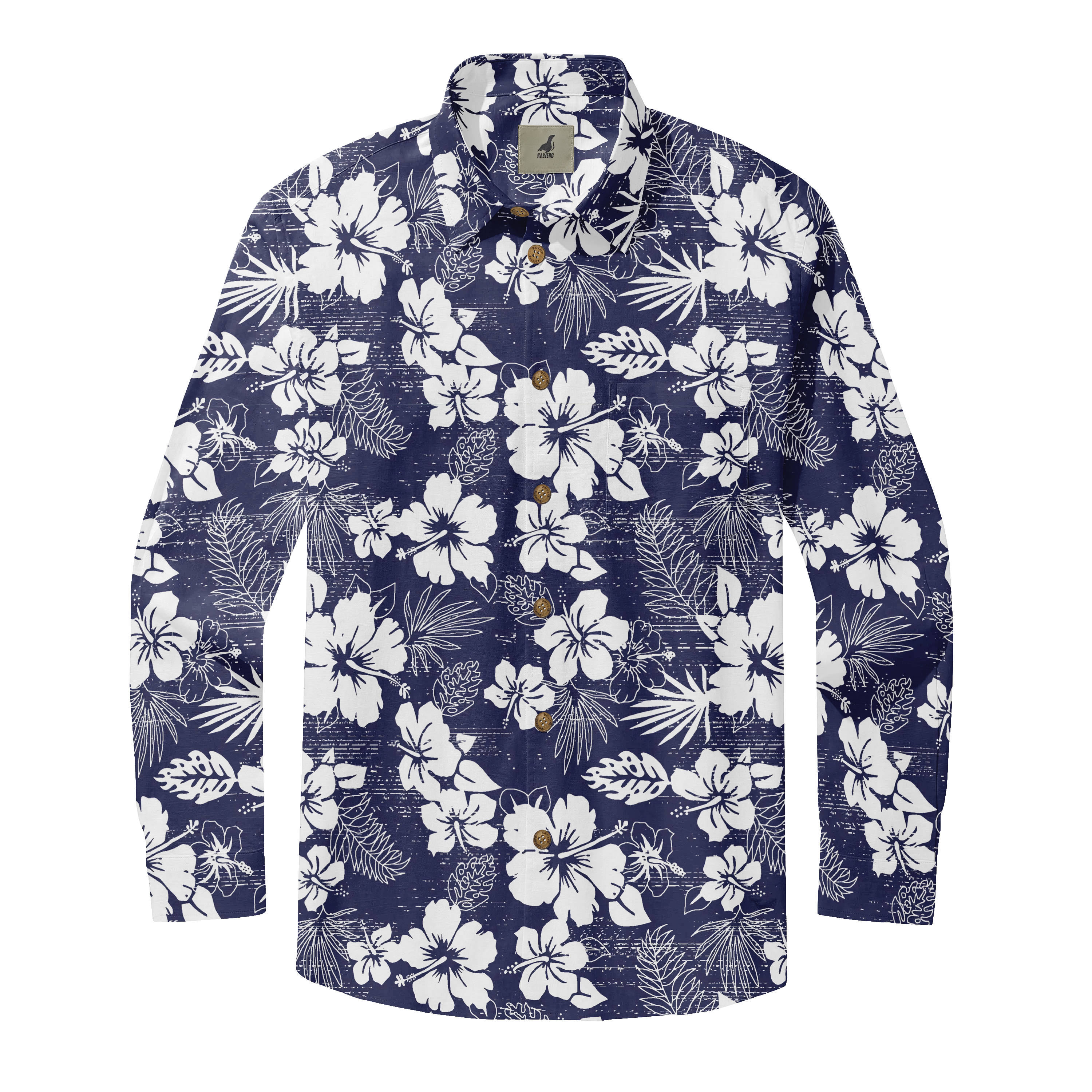 Navy blue shirt with white floral pattern and buttons.