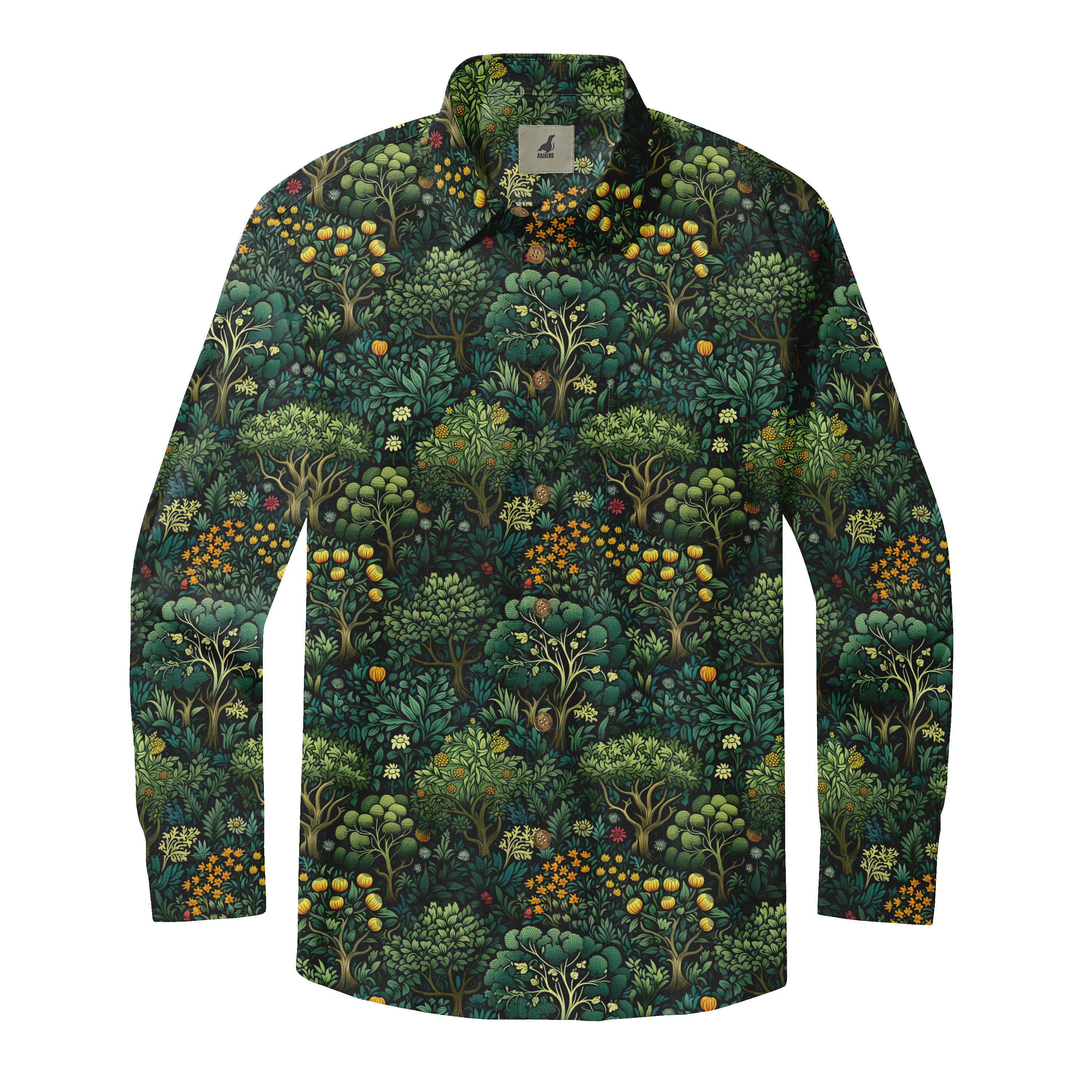 Long-sleeve shirt with intricate forest pattern featuring trees.