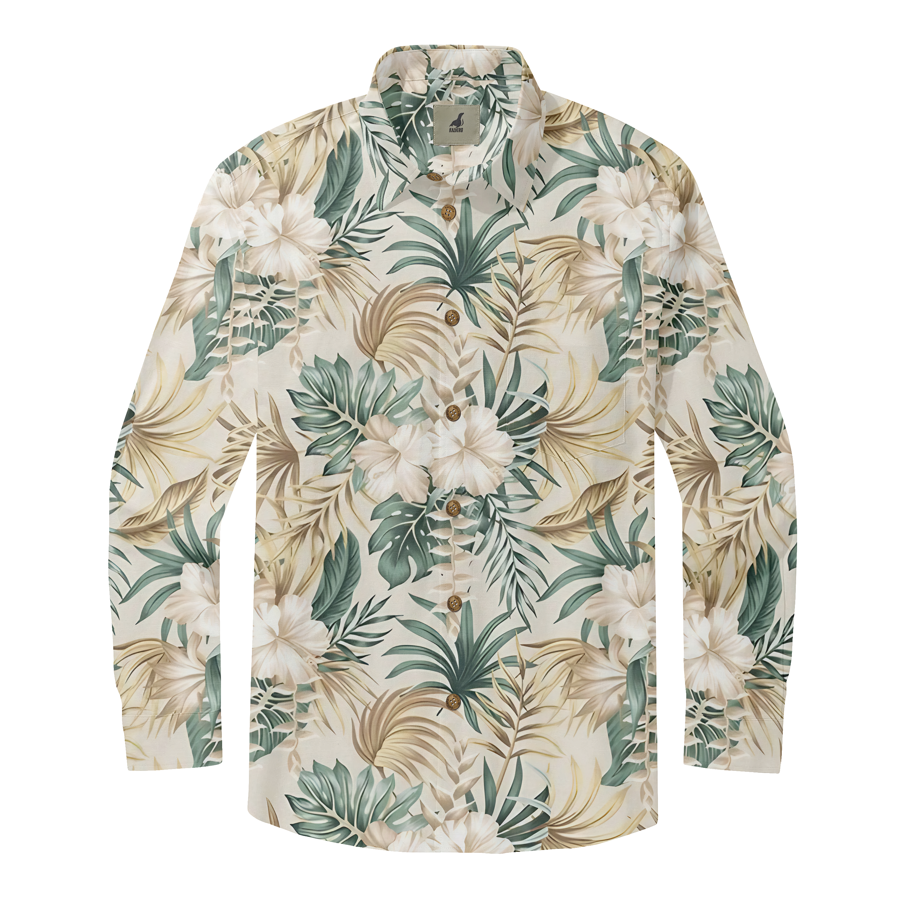 Cream shirt with tropical floral and leaf print.