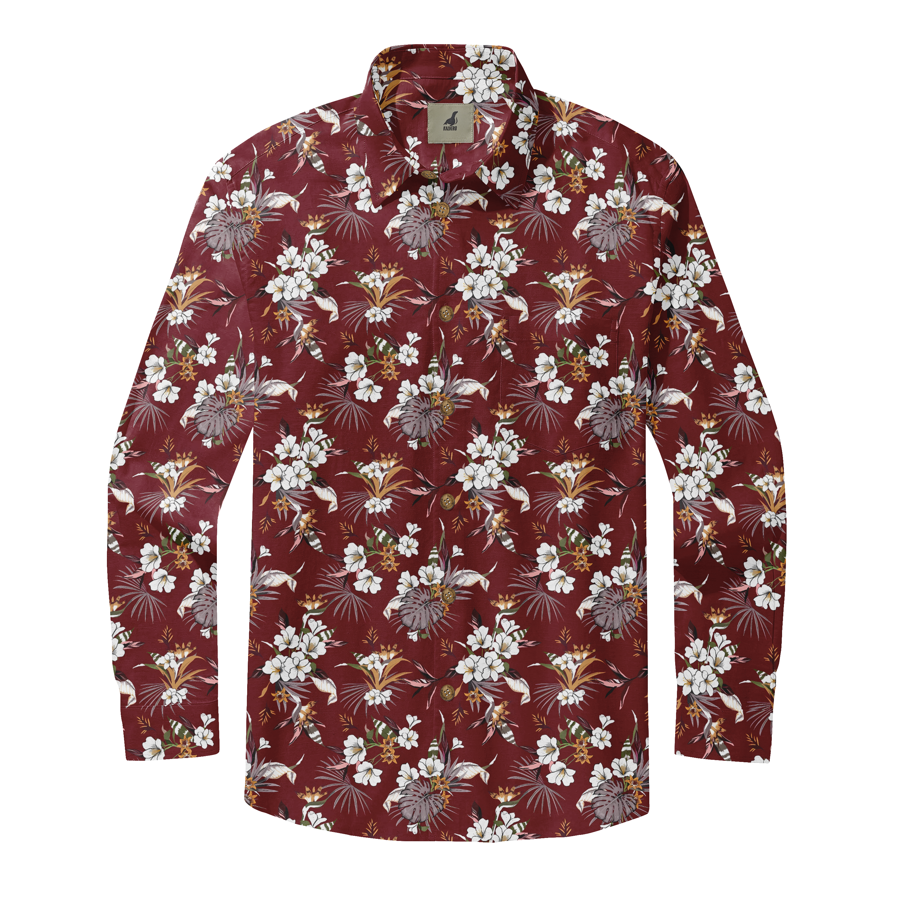 Red floral shirt with white flowers and green leaves.