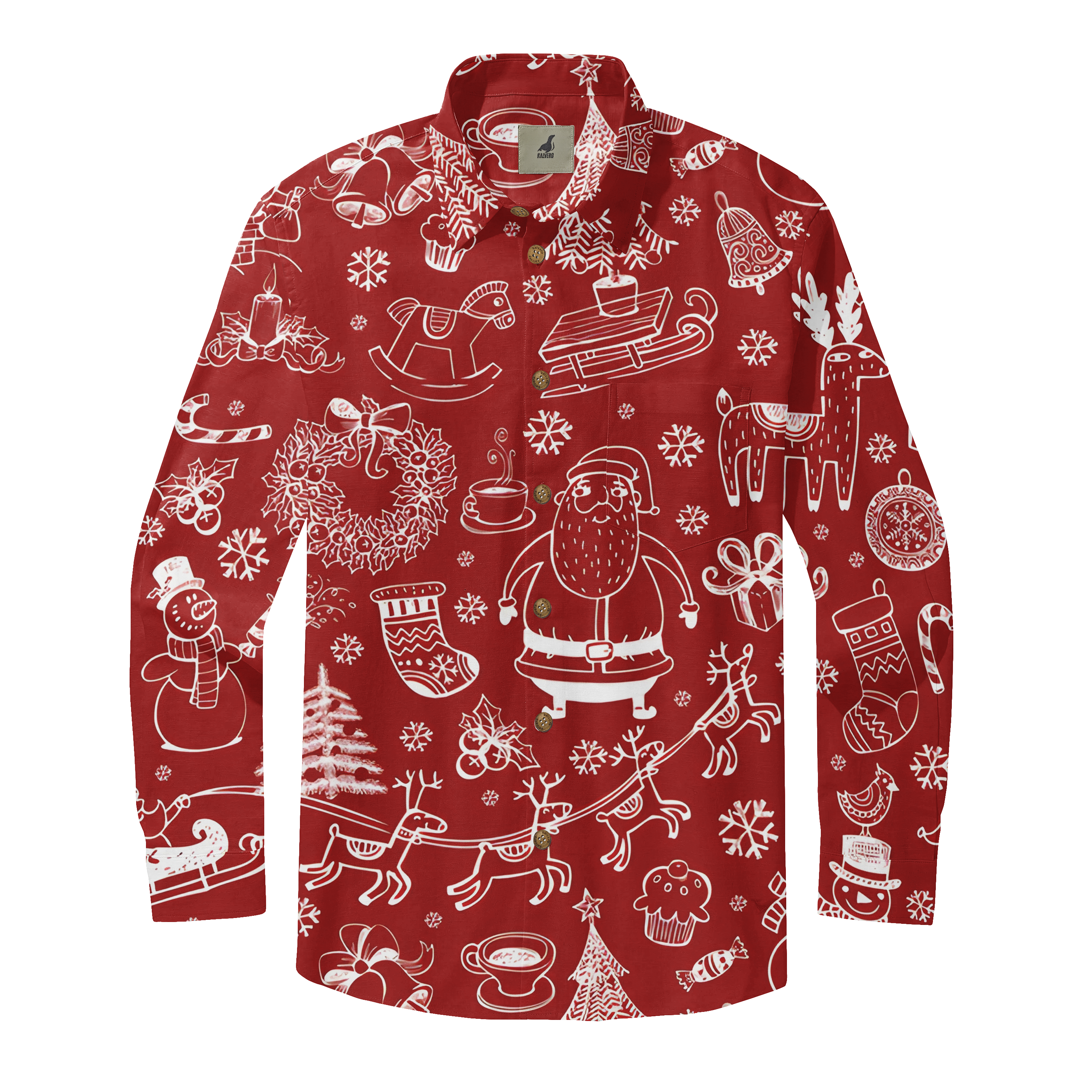 Red Christmas shirt with white festive patterns including Santa.