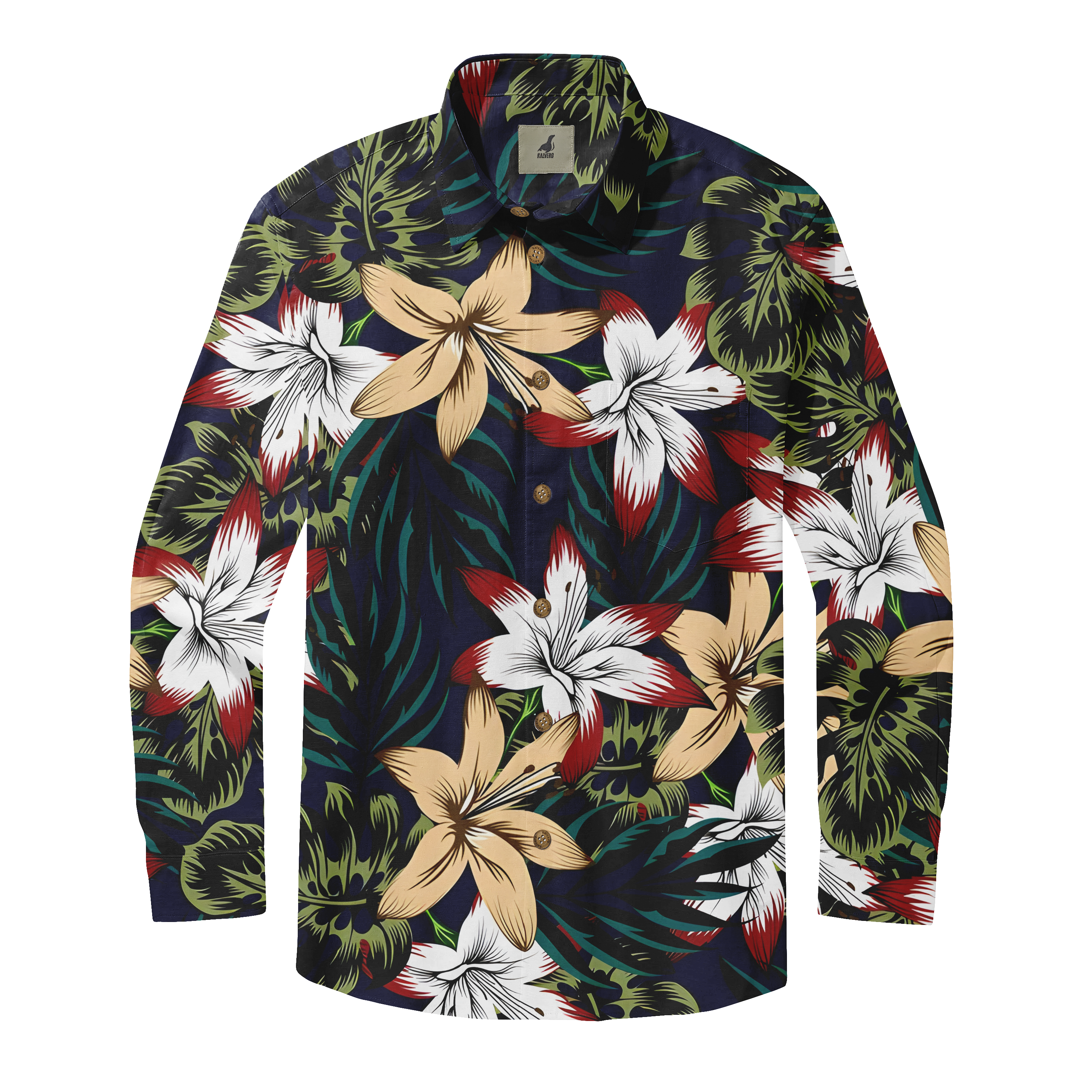 Tropical floral long-sleeve shirt with vibrant white, red, and beige.