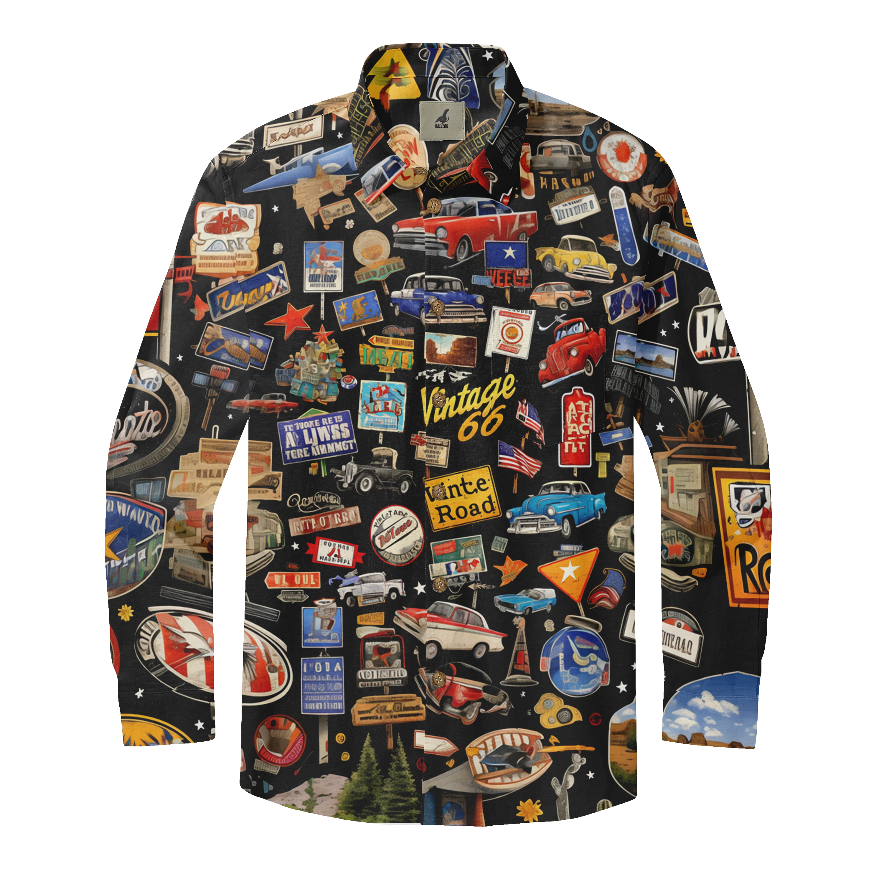 Vintage-themed shirt with colorful retro car, road signs.