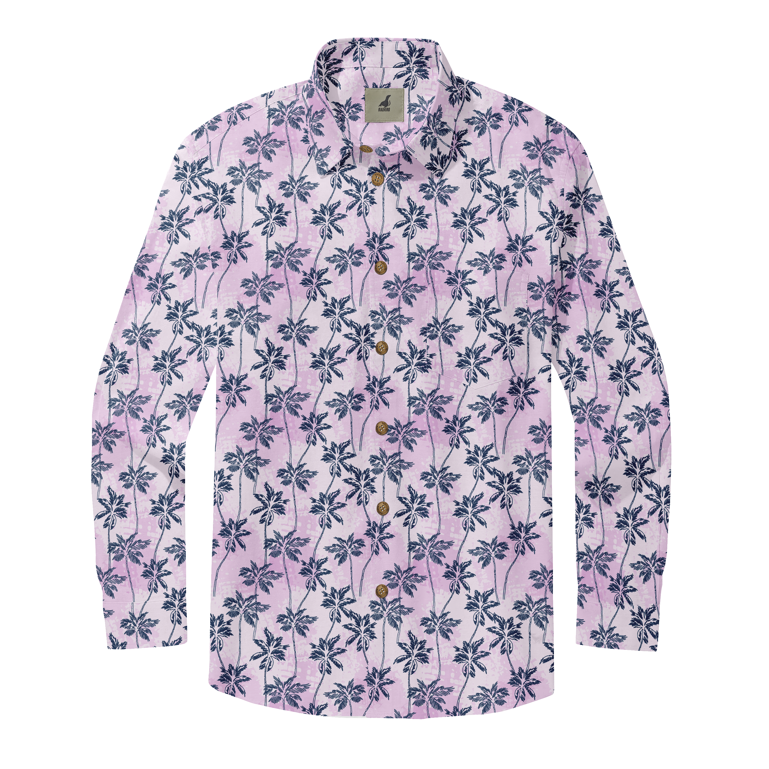 Pink shirt with navy palm tree print, gold buttons, and a collar tag.