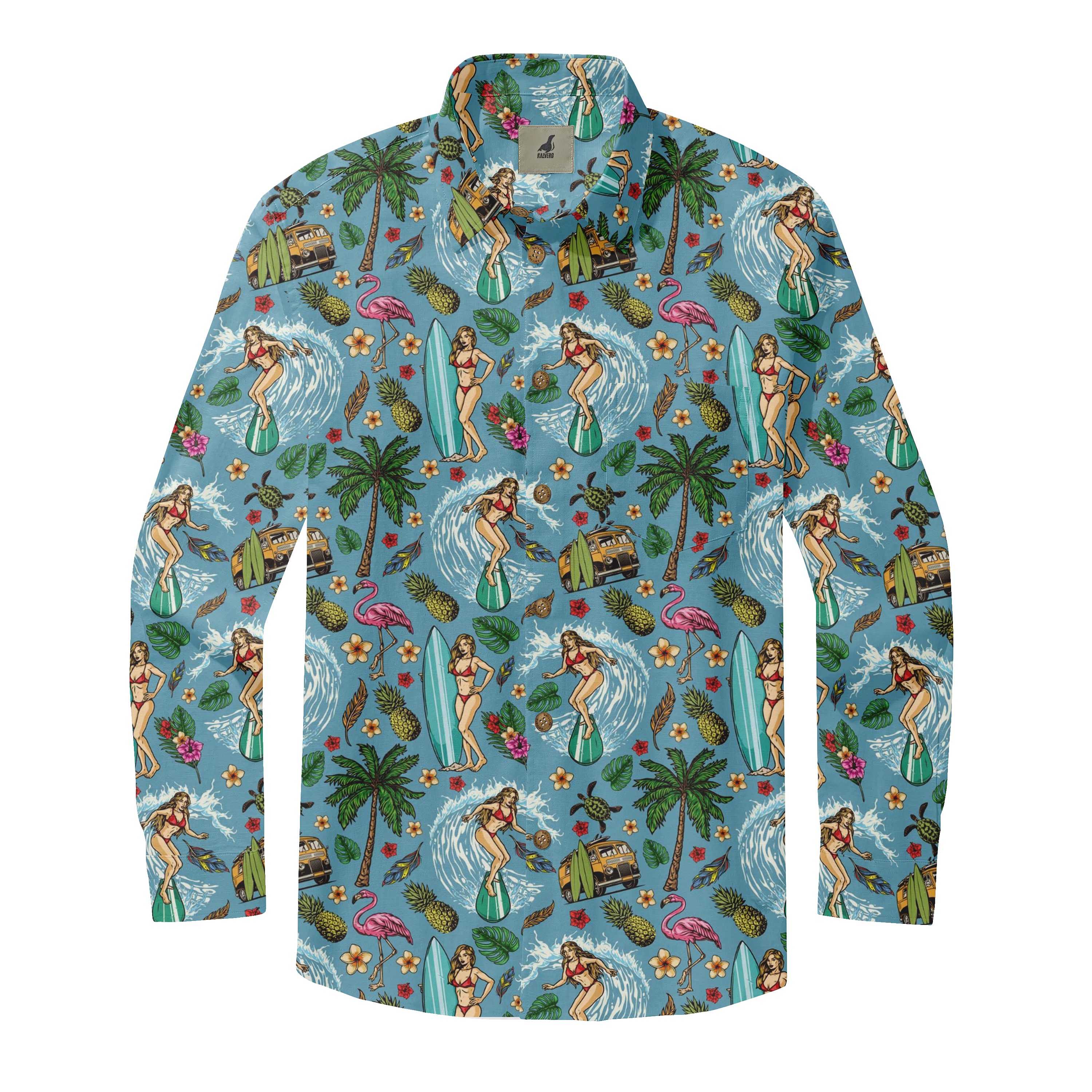Tropical-themed long-sleeve shirt with surfers, palm trees.