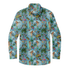 Tropical-themed long-sleeve shirt with surfers, palm trees.