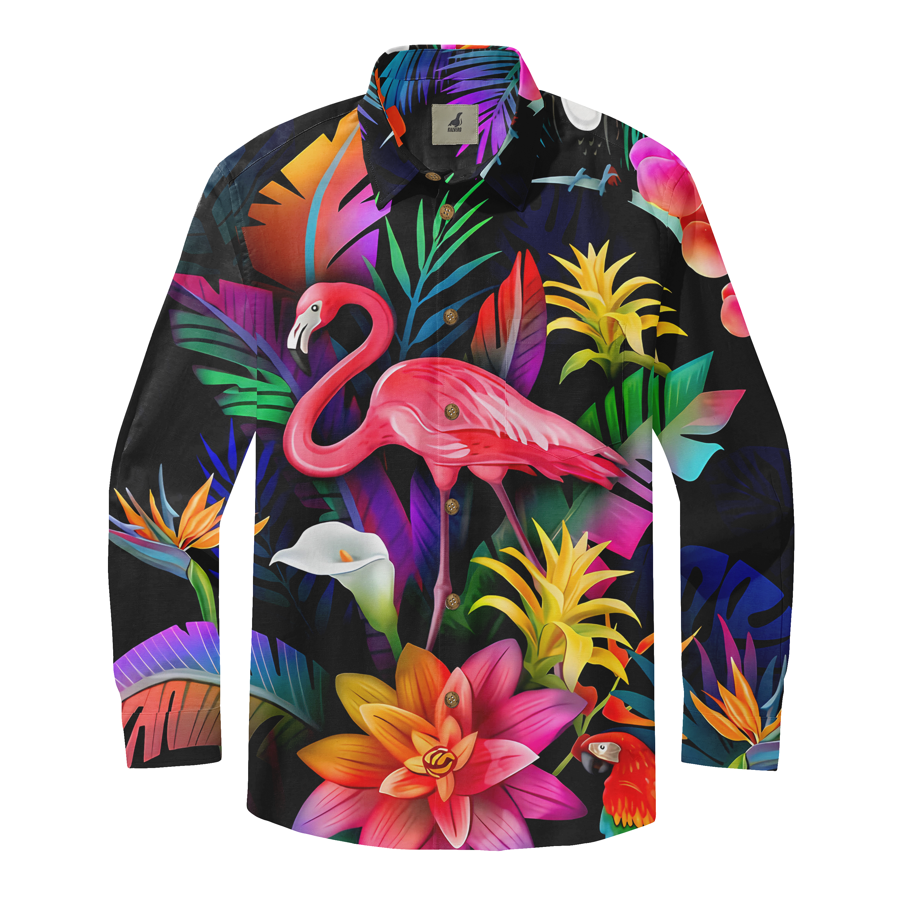 Vibrant tropical shirt with flamingo, flowers, and parrot design.