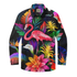Vibrant tropical shirt with flamingo, flowers, and parrot design.