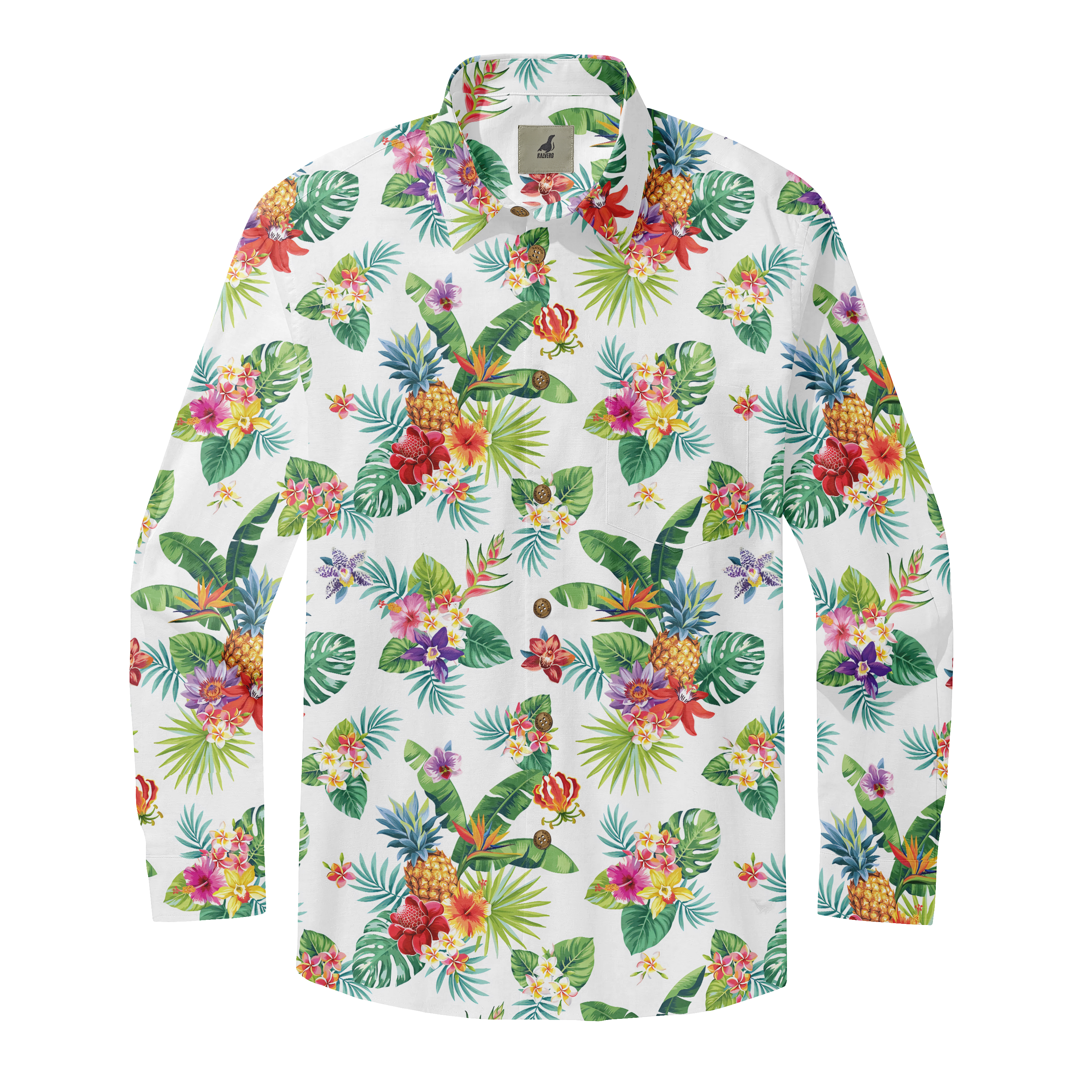 White shirt with colorful tropical flowers and leaves print.