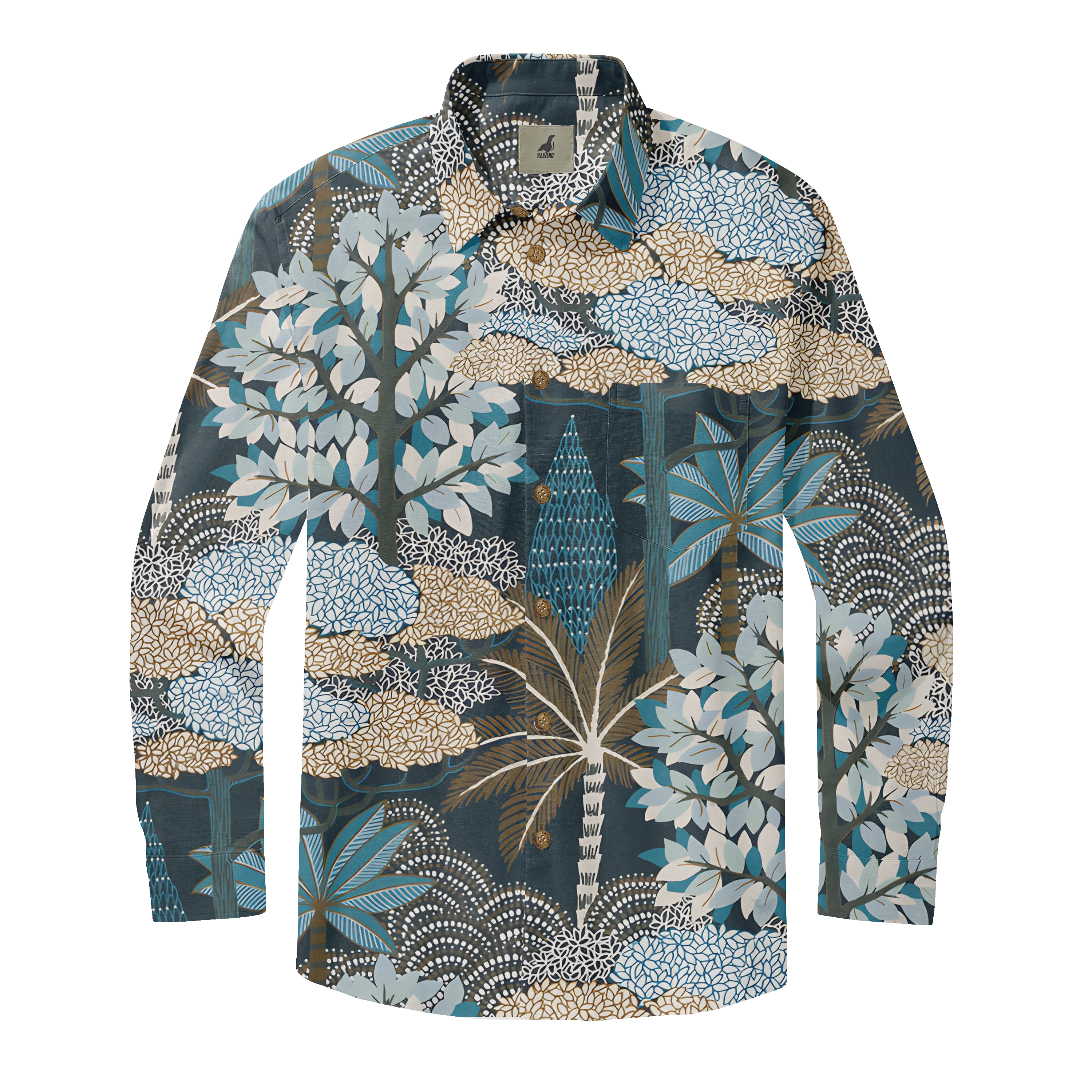 Long-sleeve shirt with tropical floral pattern in blue, white.