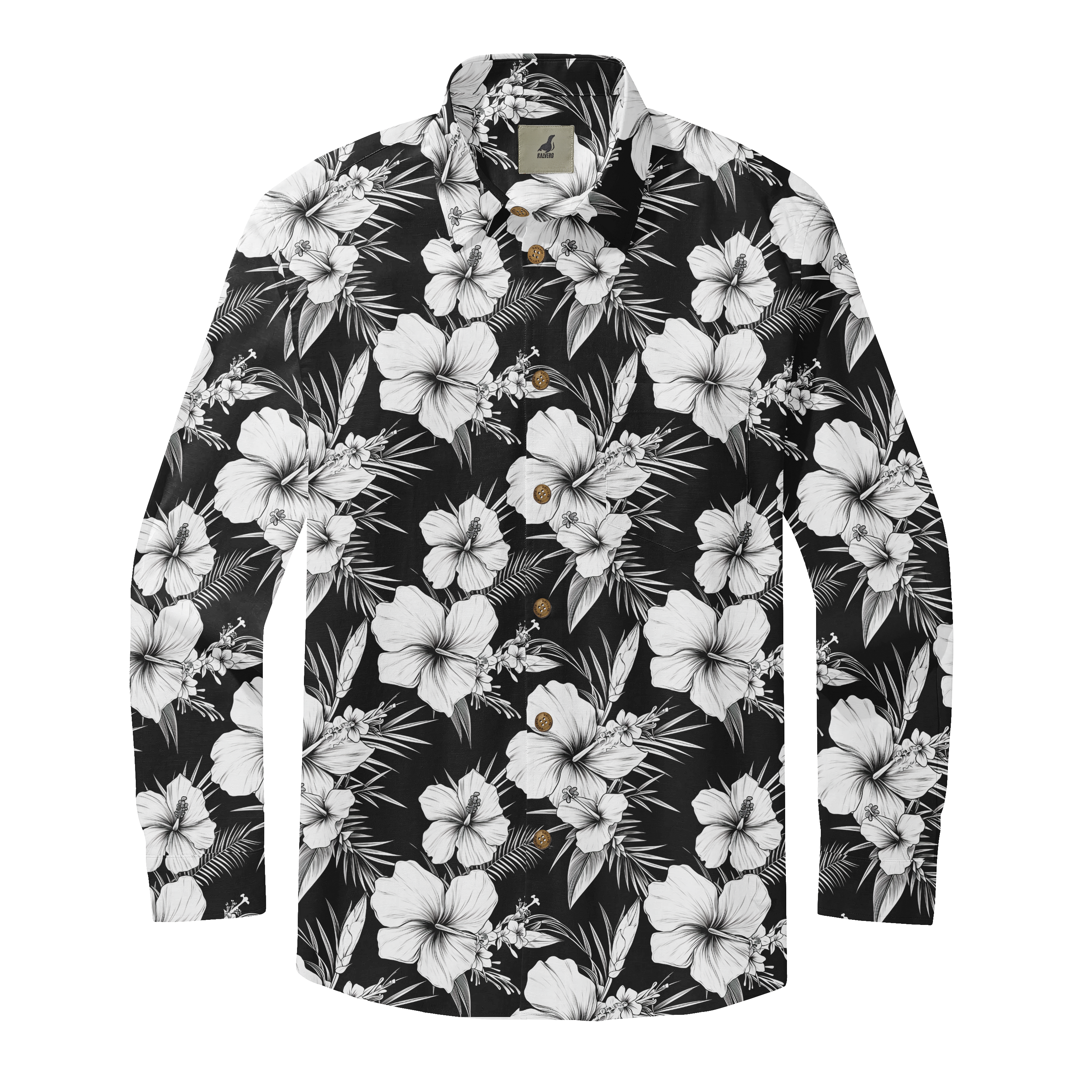 Black and white floral patterned long-sleeve shirt with button-up.
