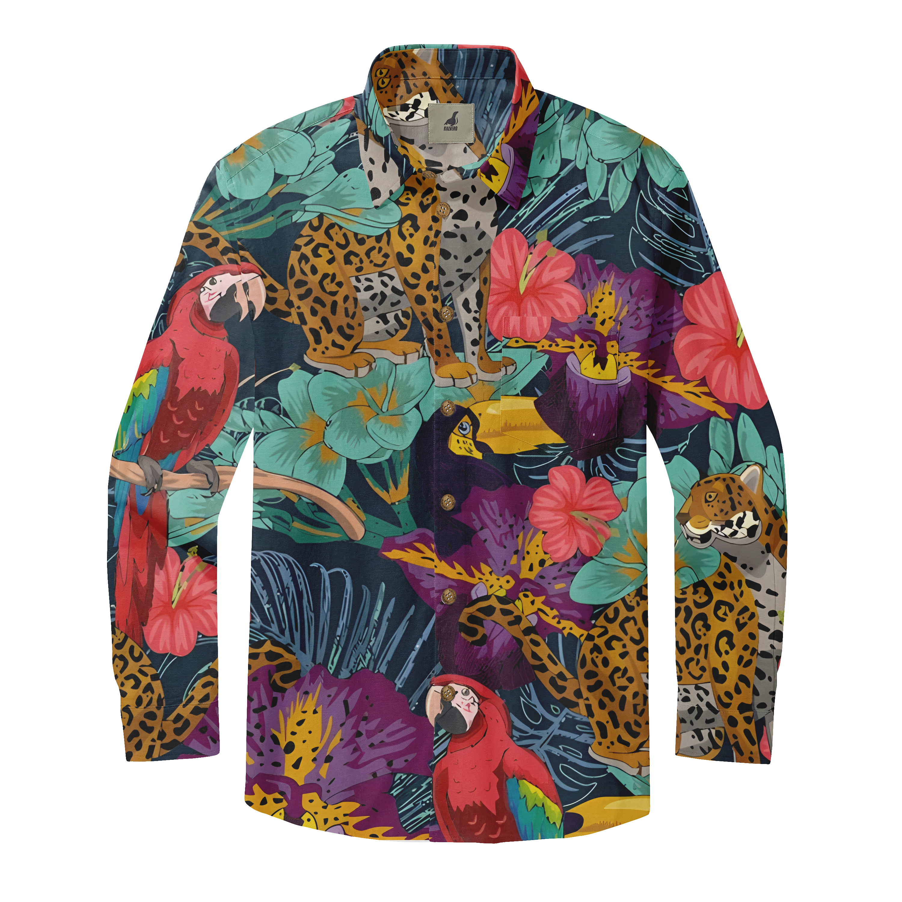 Vibrant tropical shirt featuring leopards, parrots, and bold flowers.