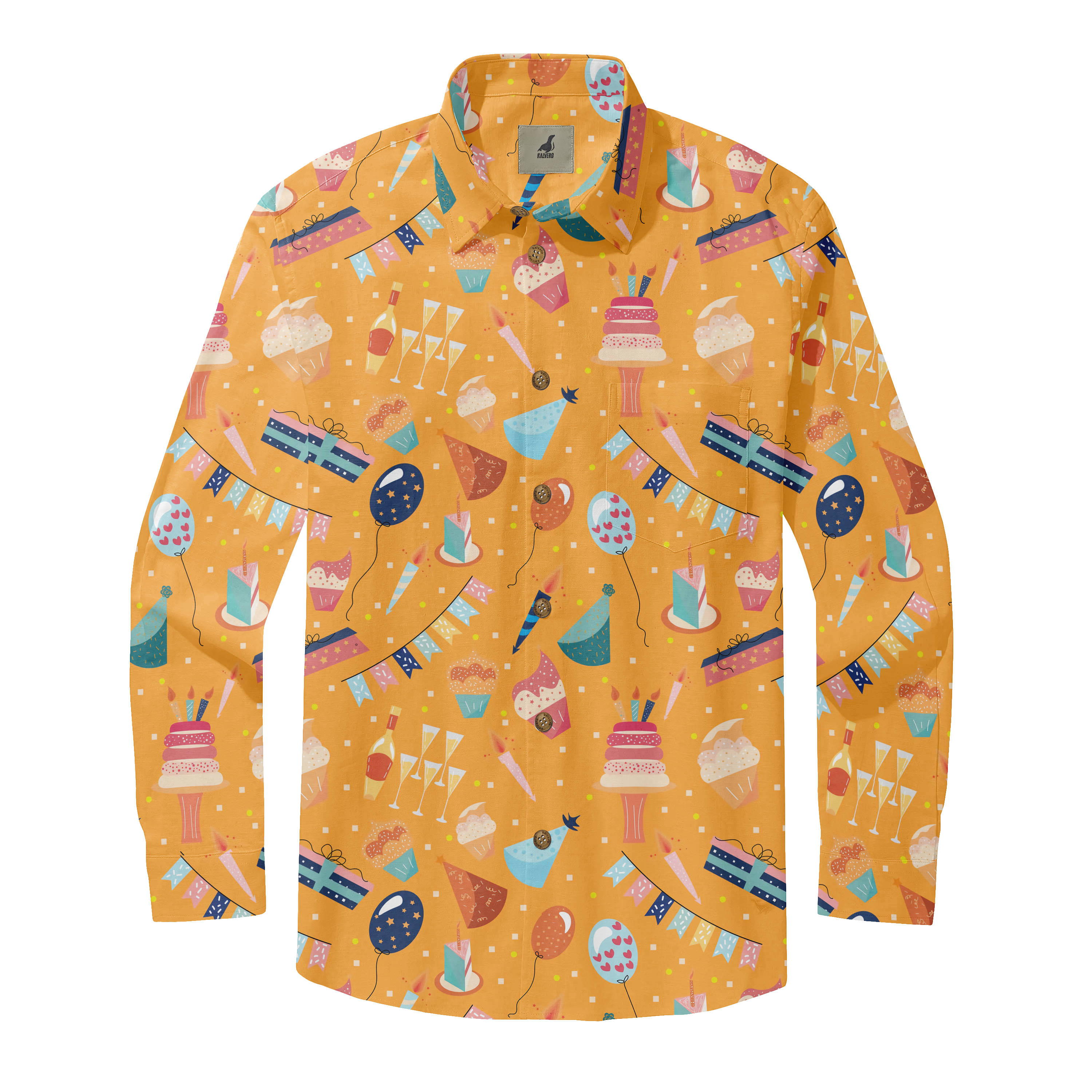 Orange shirt with colorful party-themed print.
