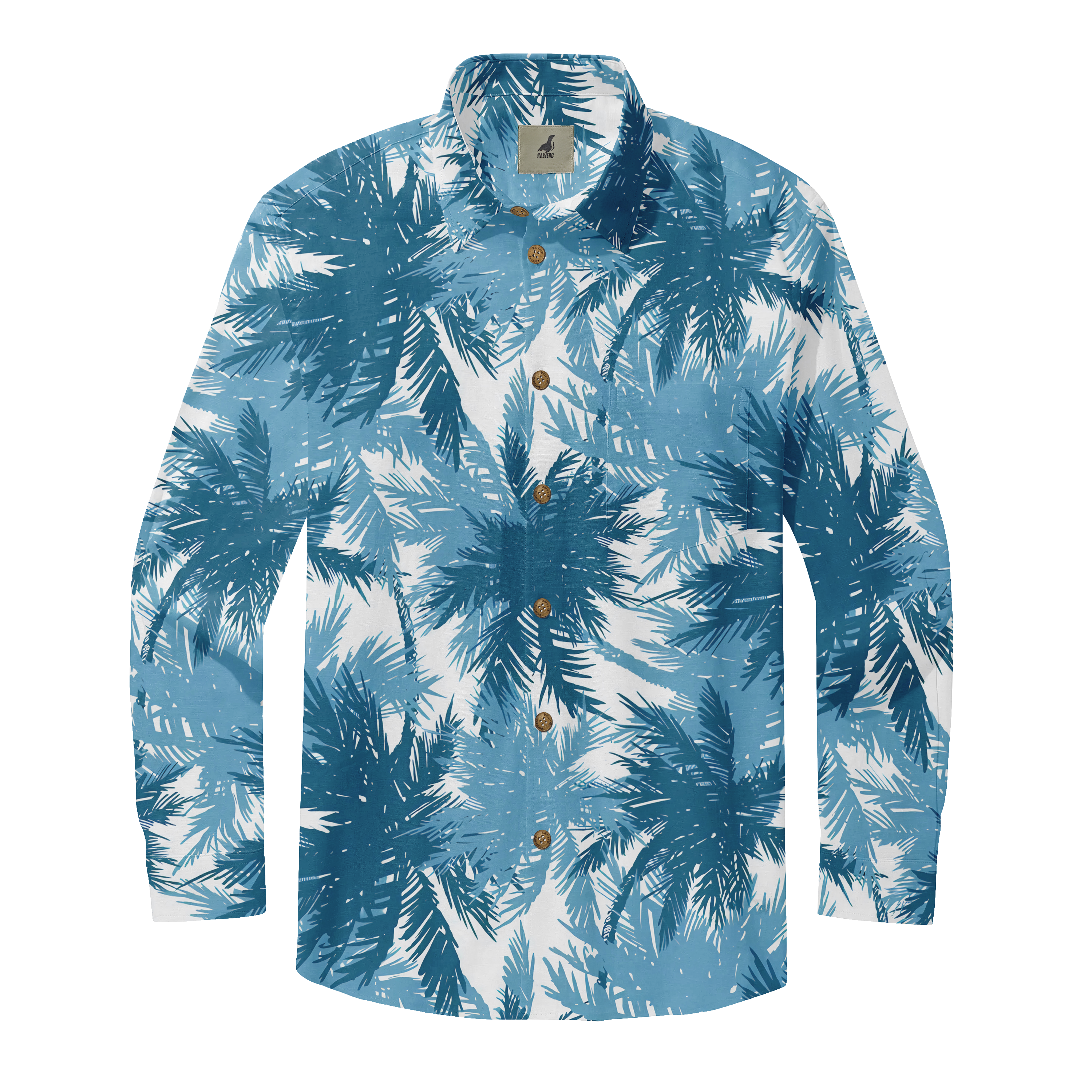 Blue palm tree print long-sleeve shirt with buttons.