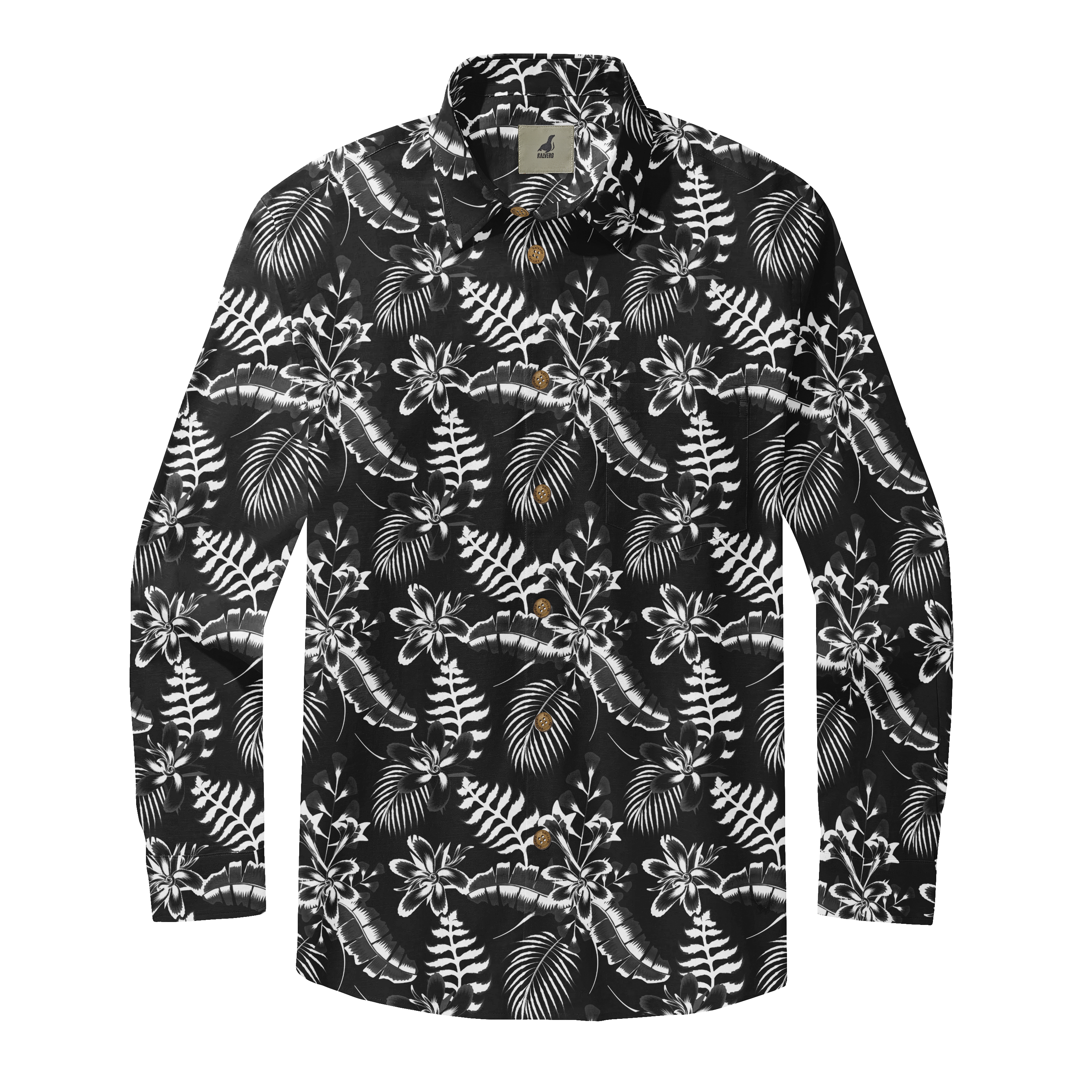 Black shirt with white floral pattern, long sleeves.