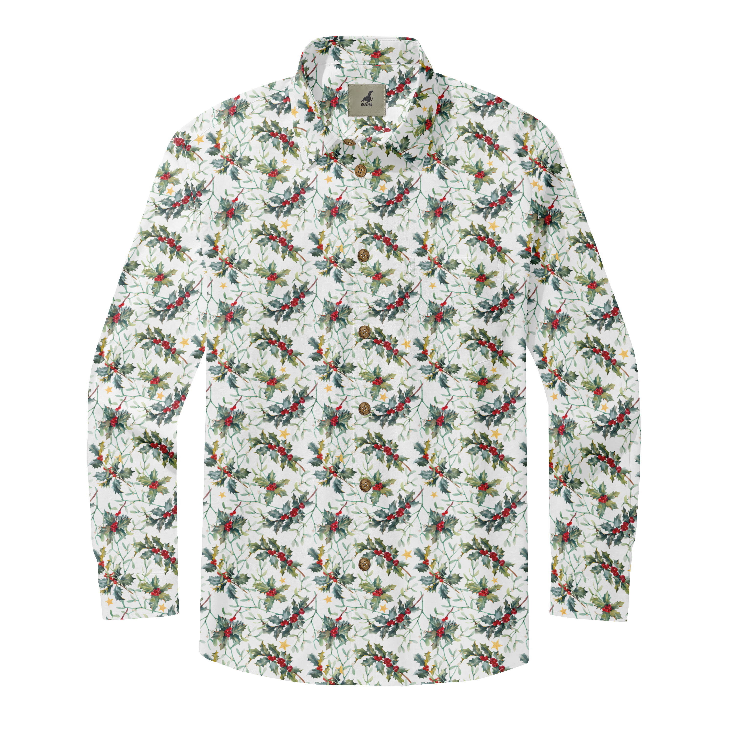 White long-sleeve shirt with holly and berry pattern, featuring gold.
